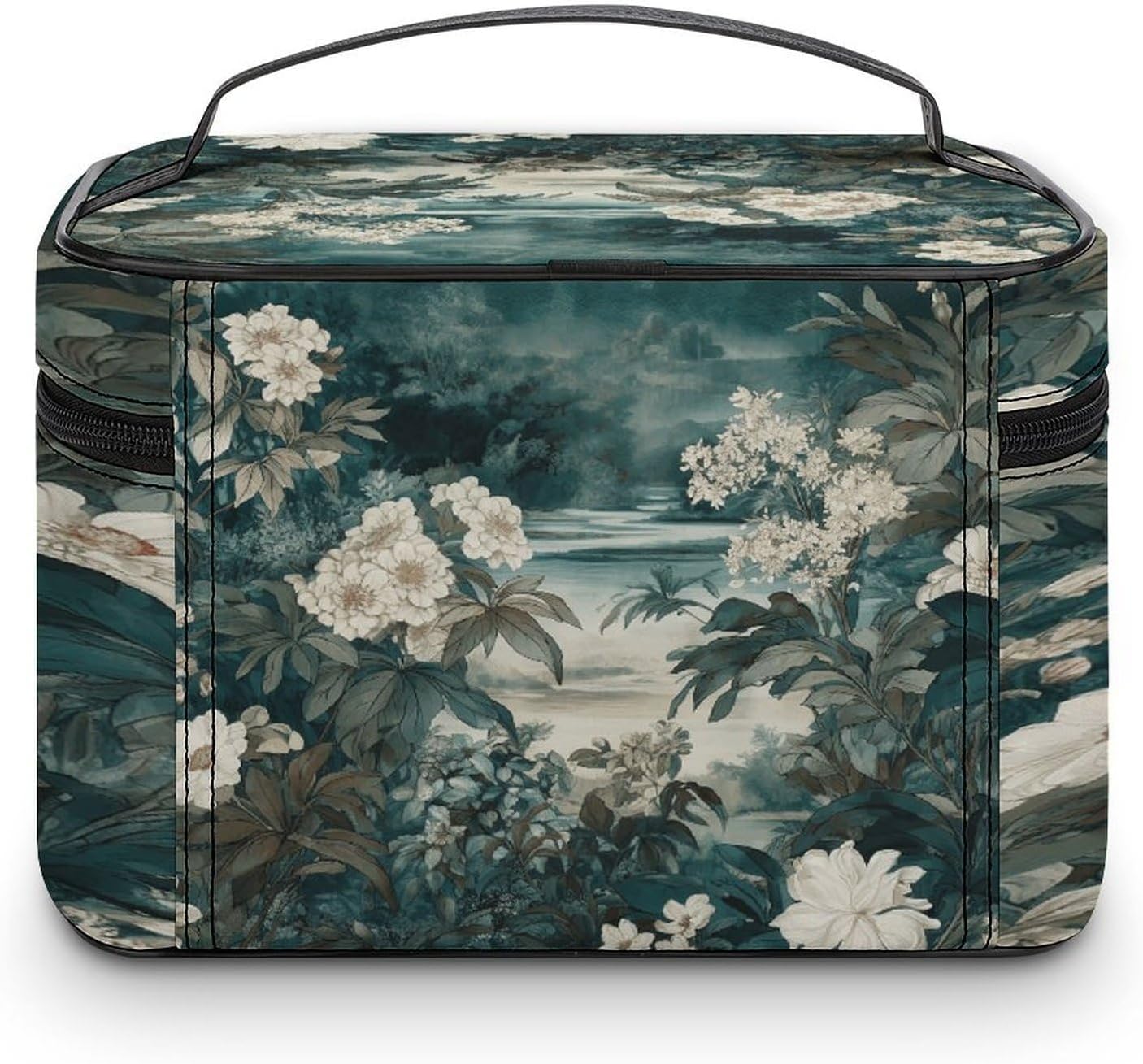 White And Emerald Makeup Bag with Handle Fashion Portable Travel Toiletry Bag Exquisite Large Capacity Cosmetic Bags Lightweight Travel Accessories Storage Bags for Women image 3