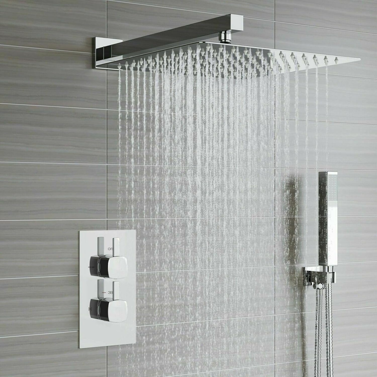 Voolan All Metal Shower Head with Extension Arm, Stainless Steel Waterfall Rainfall Showerheads, High Flow Bathroom Square Rain Shower Head (10’’ Shower Head with 16’’ Shower Arm, Brushed Nickel)
