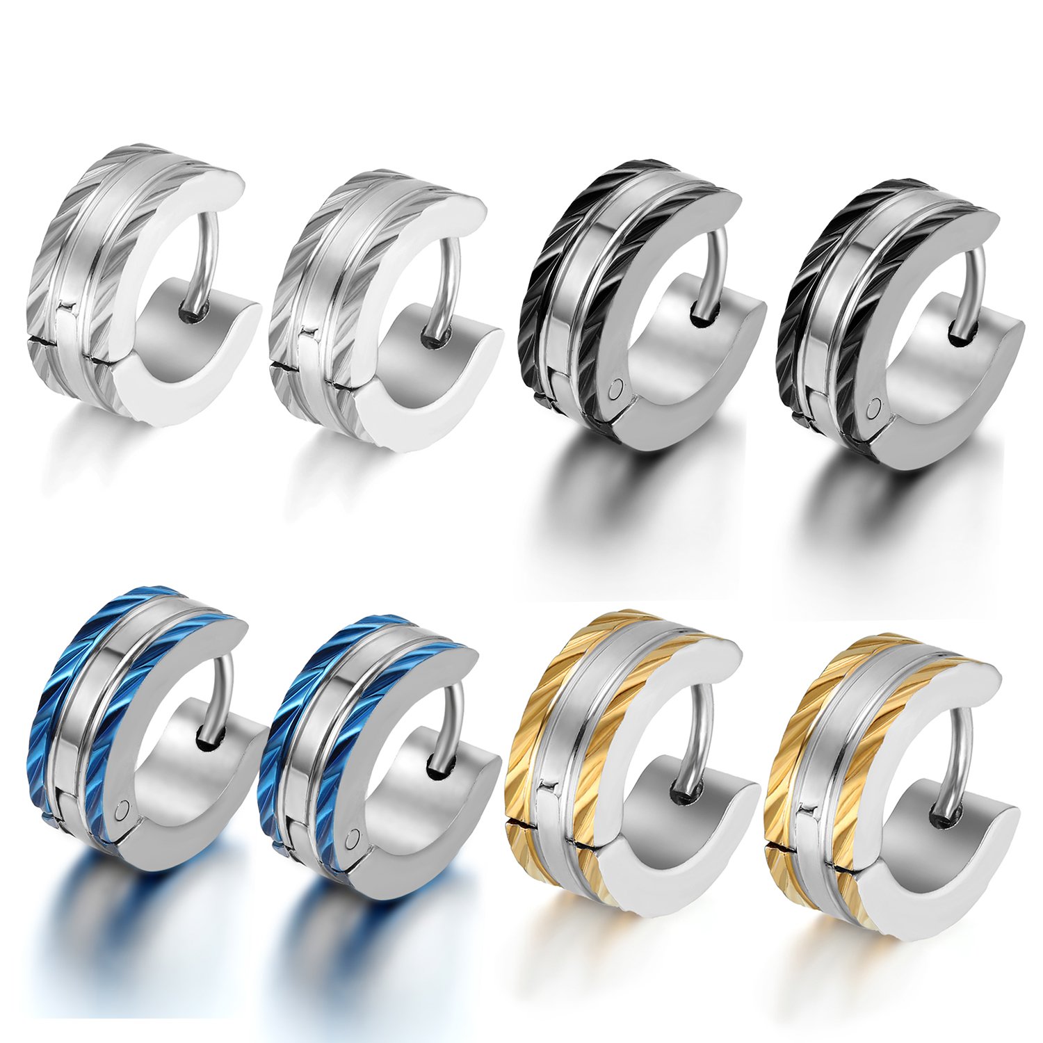 OIDEA Juego Pendientes Aro Unisex: Aretes Huggie de Acero inoxidable Classic Smooth para Hombre y Mujer Oro Plata Negro Azul Hipoalergénico Antialérgico 4 Pares - Para Regalos Uso Diario