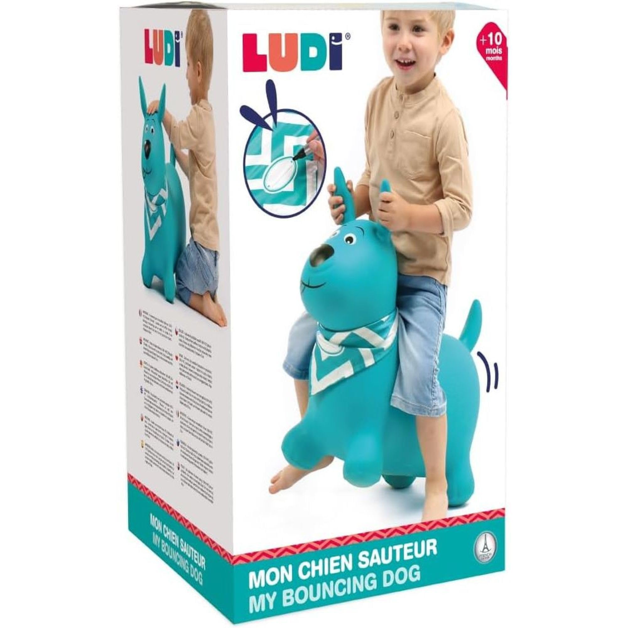 Ludi – Perro Saltador Azul – 58 x 27 x 48 cm – Juguete dinámico de PVC con Asas ergonómicas y Bandana Personalizable – para Interior y Exterior – Incluye Sistema de inflado – a Partir de 10 Meses