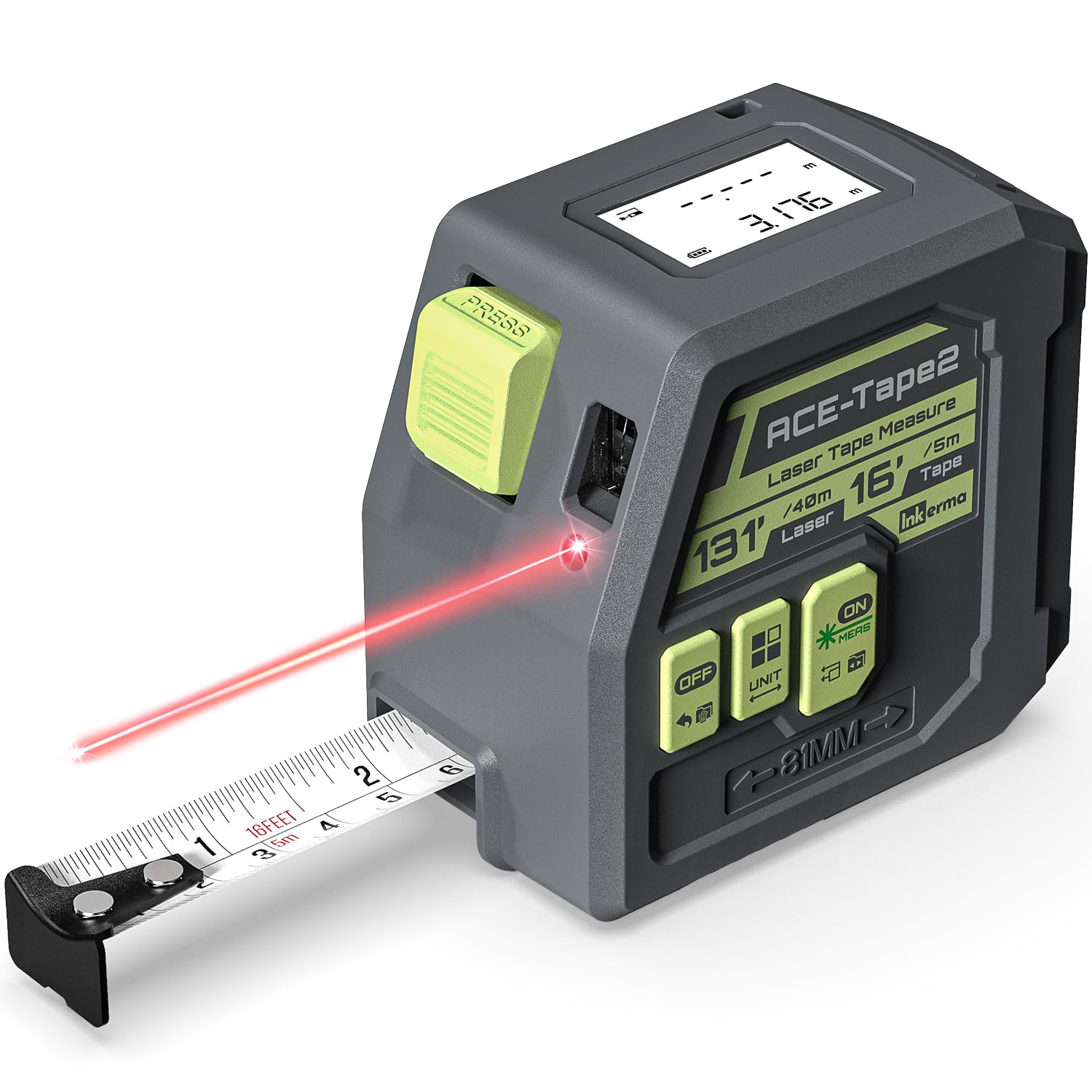 Laser Tape Measure 2-in-1, Inkerma 131Ft/40m Laser Measurement Tool & 16Ft/5m Measuring Tape, Digital Laser Tape Measure with Pythagorean Mode, Area and Volume, Self-Locking Tape, Belt Clip
