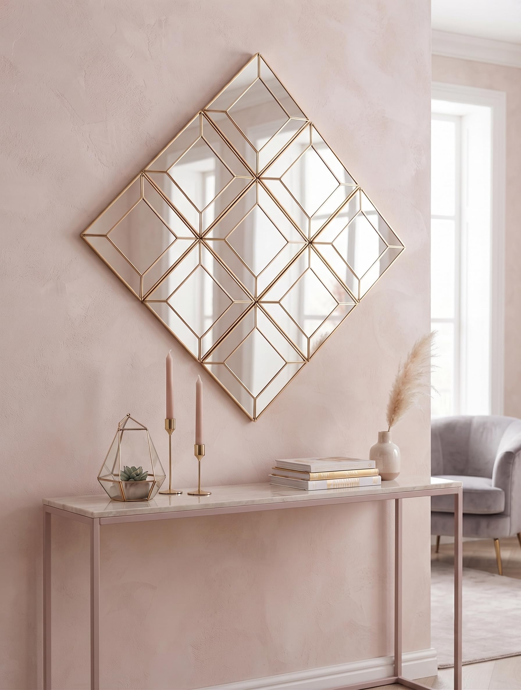 Biznest Pack Of Contemporary Gold Diamond Shape Wall Hanging Mirror Medium Size Bevelled Edges Styte Plastic Framed Home Furniture Décoration Present Idea 30x30Cm, 9