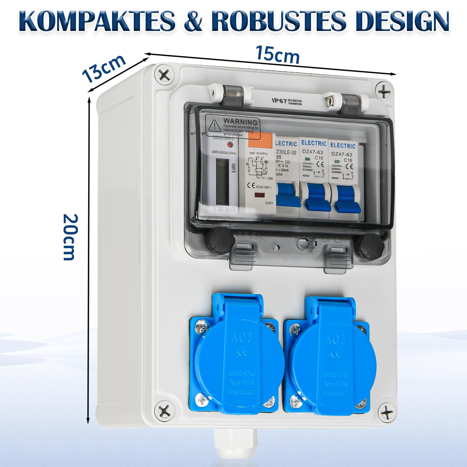 Warmfay Distribuidor de pared precableado, distribuidor de corriente para construcción con interruptor FI, interruptor LS y contador de electricidad, 2 enchufes Schuko de 230 V, carcasa impermeable