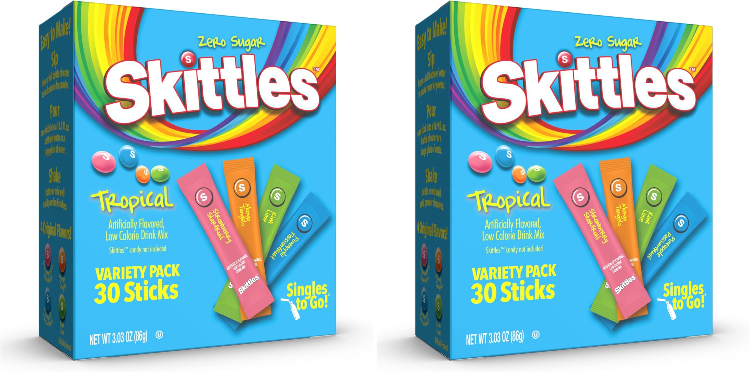 Skittles Singles To Go Tropical Variety Pack, Watertok Powdered Drink Mix, Includes 4 Flavors, Strawberry Starfruit, Mango Tangelo, Kiwi Lime, Pineapple Passionfruit, 1 Box (30 Servings) (Pack of 2)