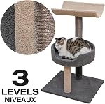 Animooos - 3-Tier Carpeted Cat Tree with Scratching Post, 30" Height, Gray and Beige