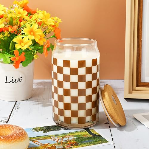 Miniatura 5 de Whaline Paquete de 2 vasos a cuadros de 16 onzas, vasos a cuadros marrones, taza de café helado con tapa de bambú, cepillo de limpieza para pajitas