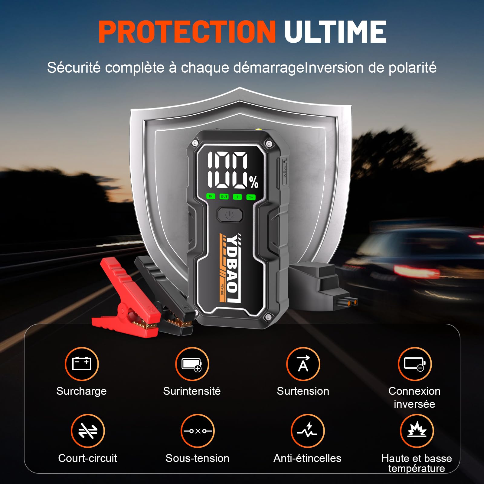 YDBAO Booster Batterie Voiture 8000A 12V Démarreur de Voiture Portable (Jusqu'à Toute Essence ou 10L Diesel) Jump Starter avec Pince Intelligente Écran LCD Lumière LED Protection Auto Moto SUV Camion