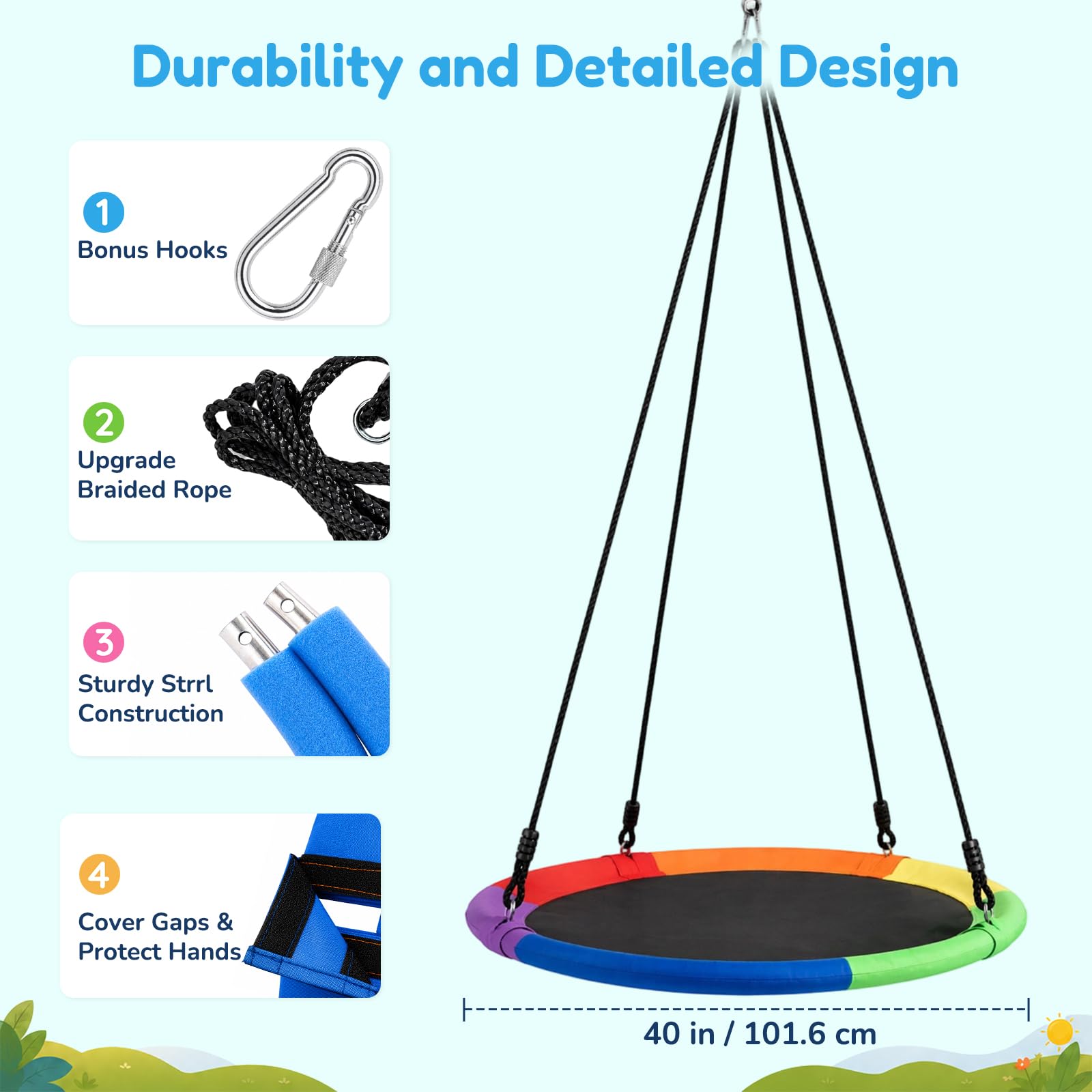 Altalena sensoriale con piattino da 101,6 cm, per bambini all'aperto, resistente e impermeabile, set di altalene con piattaforma grande da 317,5 kg, altalena calmante per bambini, parco giochi