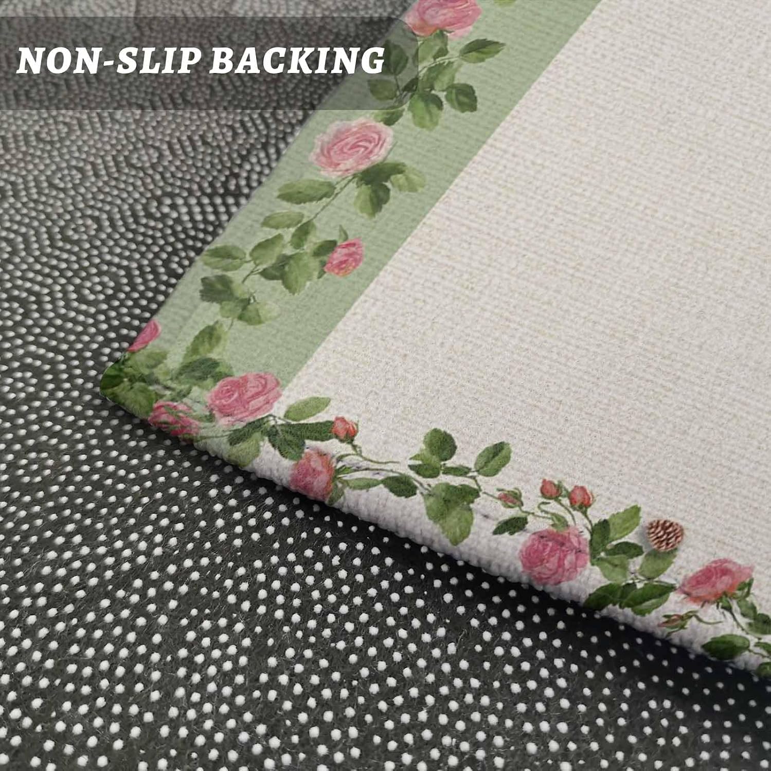 Kitchen Mats for Floor Spring Farm Deer Flower Leaves Washable Non Slip Kitchen Rugs 2PCS, Rustic Plant on Linen Absorbent Standing Mats for Sink Bathroom Office Living Room 15.7x23.6in+15.7x47.2in