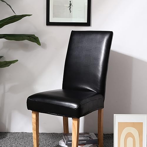 Miniatura 2 de Mengsite Fundas para sillas de comedor, fundas elásticas sin brazos, extraíbles e impermeables de piel sintética (chocolate, paquete de 4)