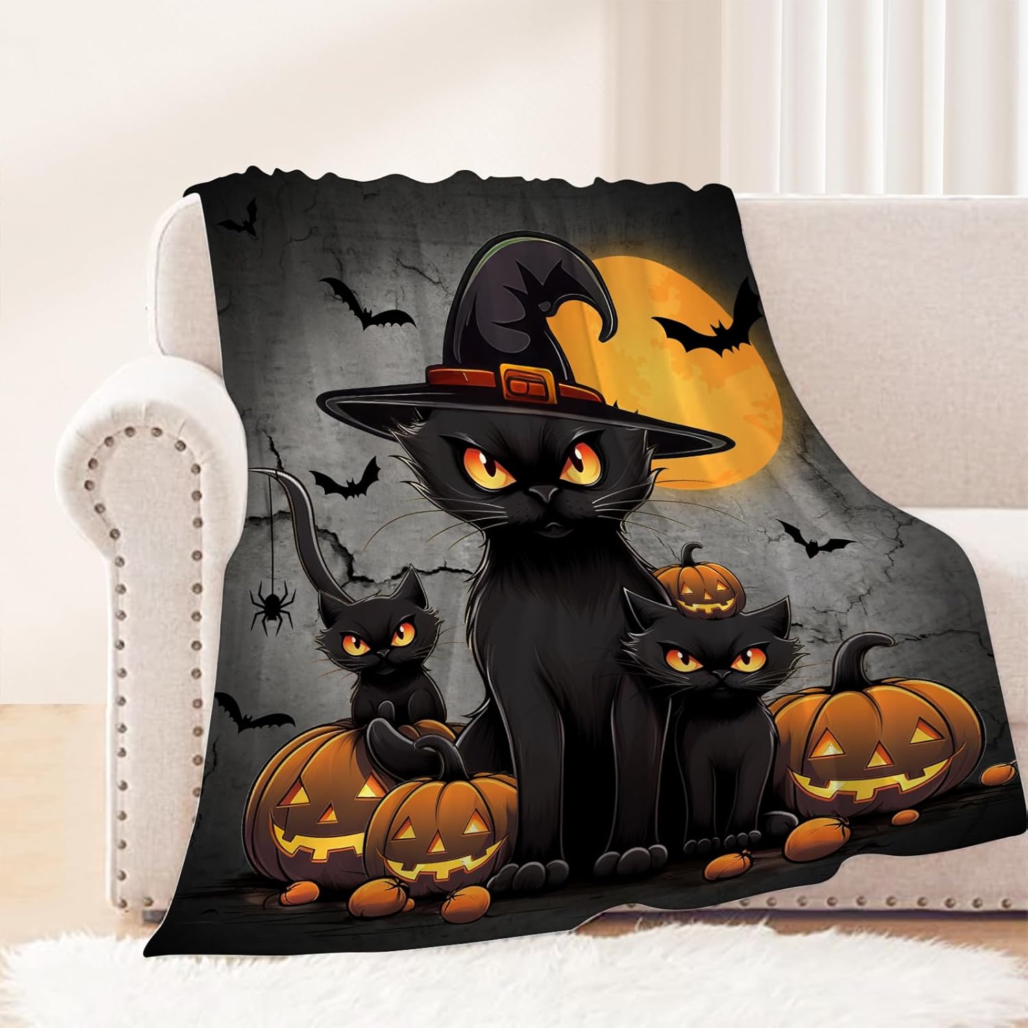 Neatee Living Halloween Throw Blanket Kids Child Blanket Scary Black Pumpkins Cats Blanket for Boys Girls Couch Sofa Decorative Lightweight Fuzzy Soft Plush Fleece Blankets and Throws 40×50