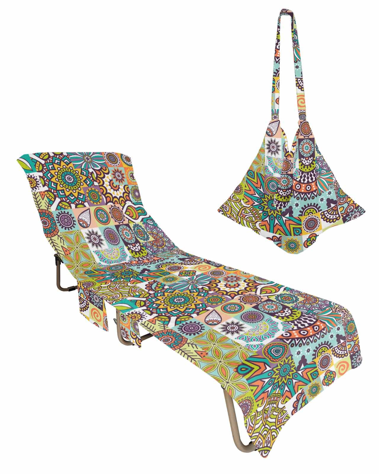 Beach Pool Patio Lounge Chaise Chair Cover Towel with Pockets,Geometric Boho Flower Absorbent & Quick Dry Microfiber Towel Cover Bag Summer Travel Accessories Tribal Ethnic Bohemian Colorful