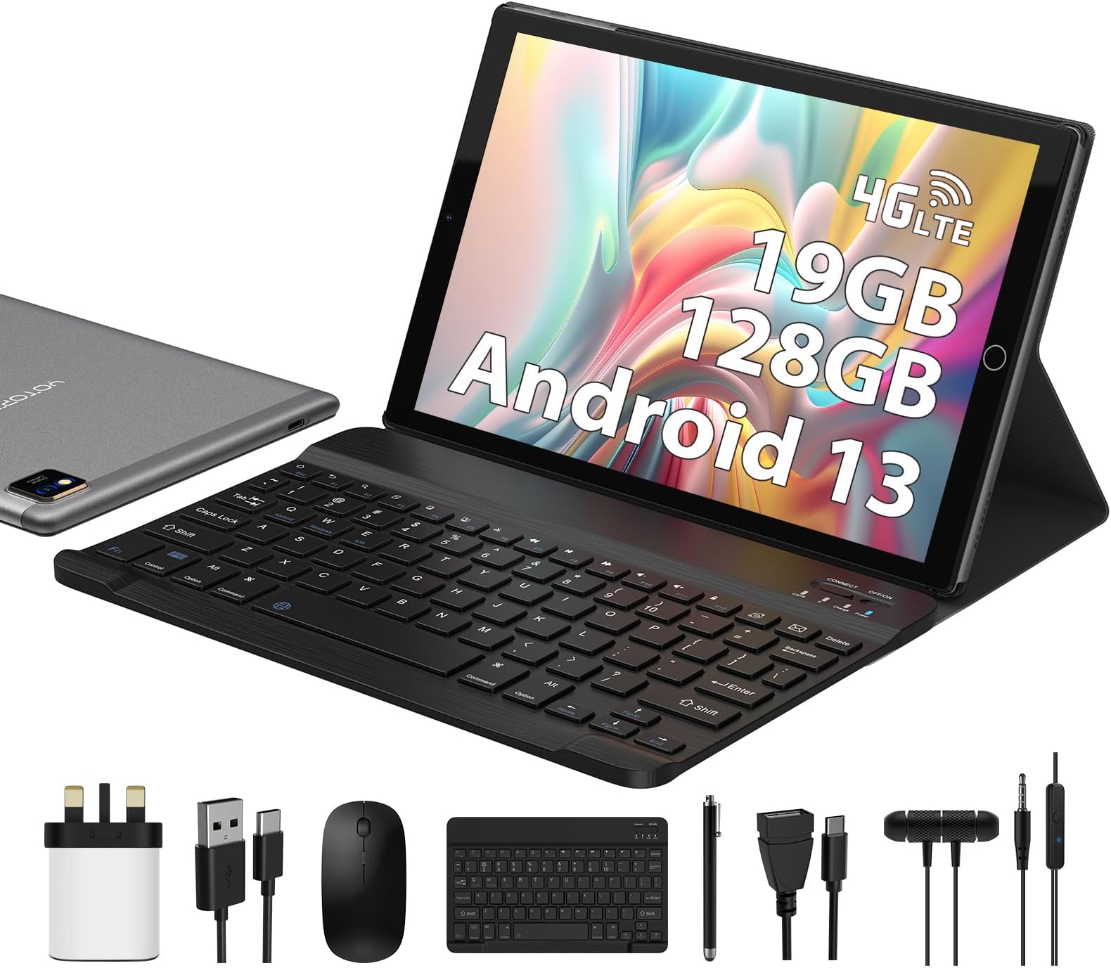 YOTOPT U10 Tablet 10 Inch 4G lte and WiFi, Android 12.0 Octa-Core Tablet, 11GB RAM, 64GB ROM(1 TB Expandable), FHD smart screen, 5MP+8MP, With Keyboard and Mouse etc, GPS/Bluetooth/Face ID-GY, Gray