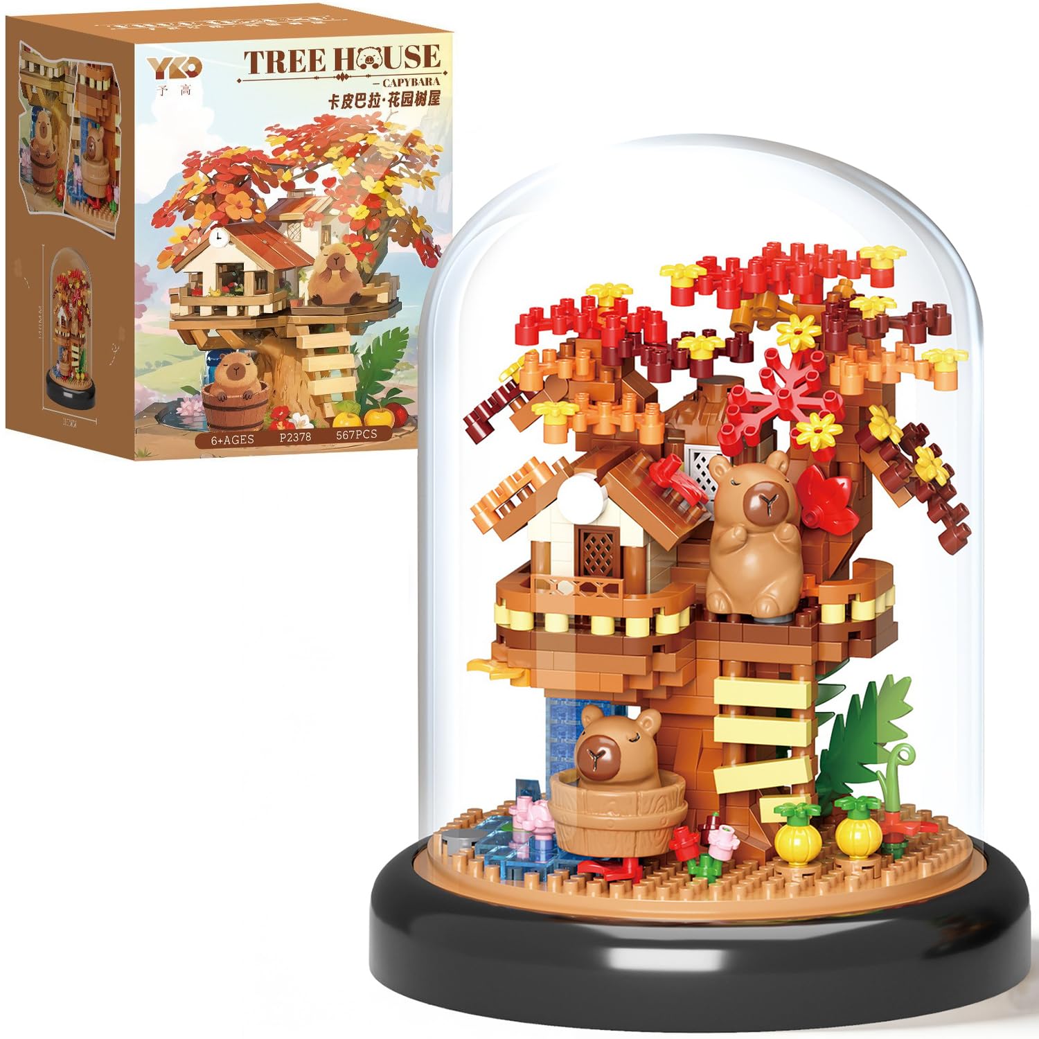 Capybara Tree House Building Set with Dust Cover, Capybara Mini Building Blocks, DIY Animals Plants Bonsai Tree Building Kit,Creative Desktop Decor Toy Gift for Adults, Kids (567 PCS) -H