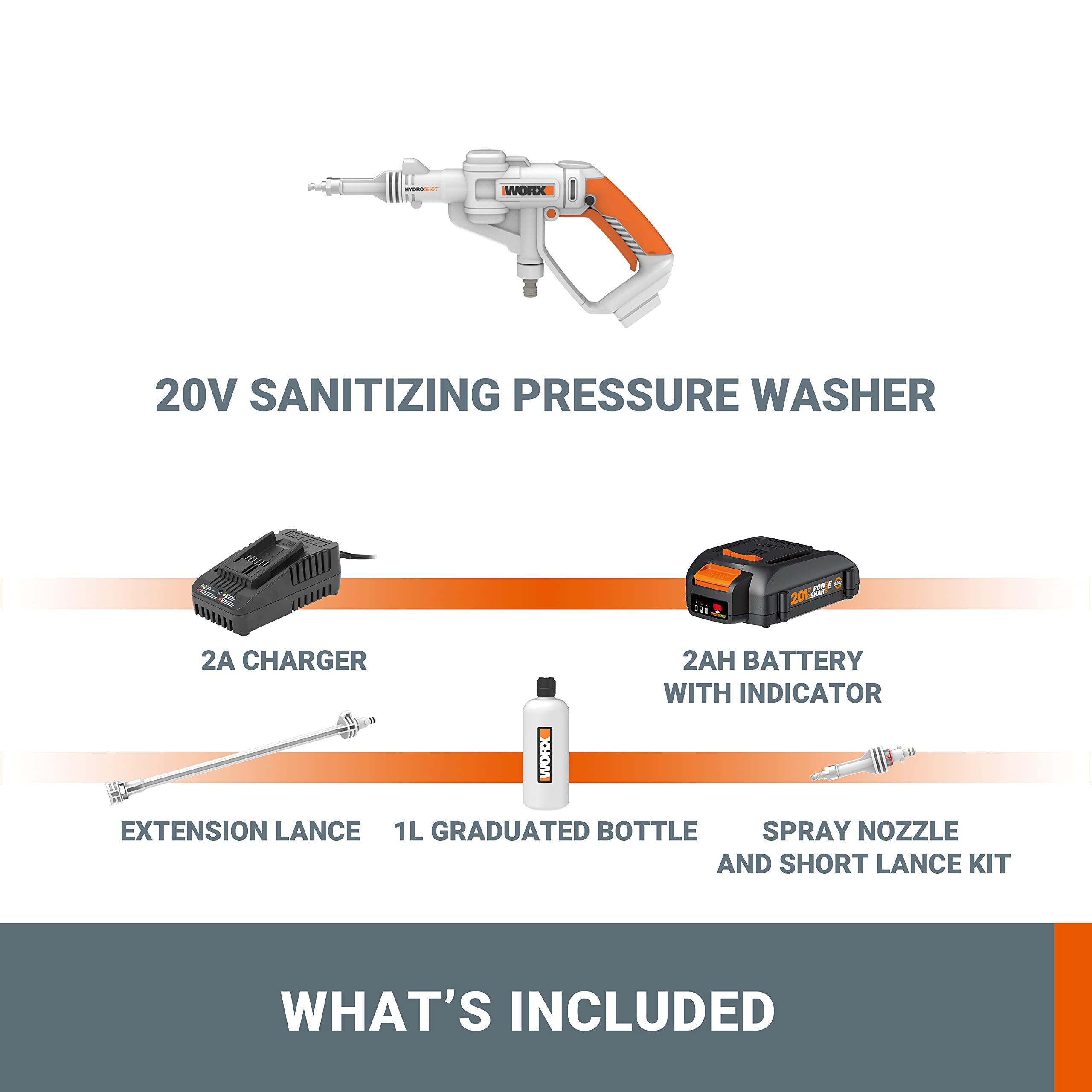 WORX WP650E Hydroshot akumulatorowy opryskiwacz ciśnieniowy 20 V z delikatną mgiełką i zbiornikiem na butelkę o pojemności 1 l – w zestawie akumulator 2 Ah i szybka ładowarka – kompatybilny z