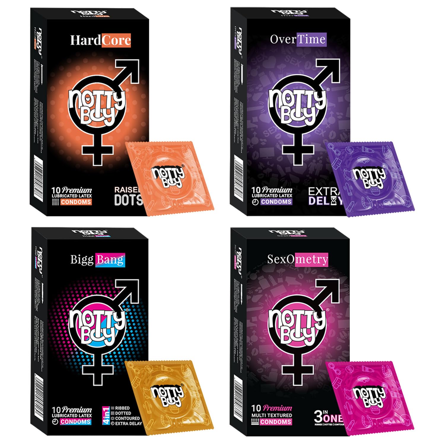 NOTTY BOY Super Saver Combo Pack - 4in1 and 3in1 Ribbed, Raised Dots, Contour, Overtime Long Lasting Condoms - 40 Count