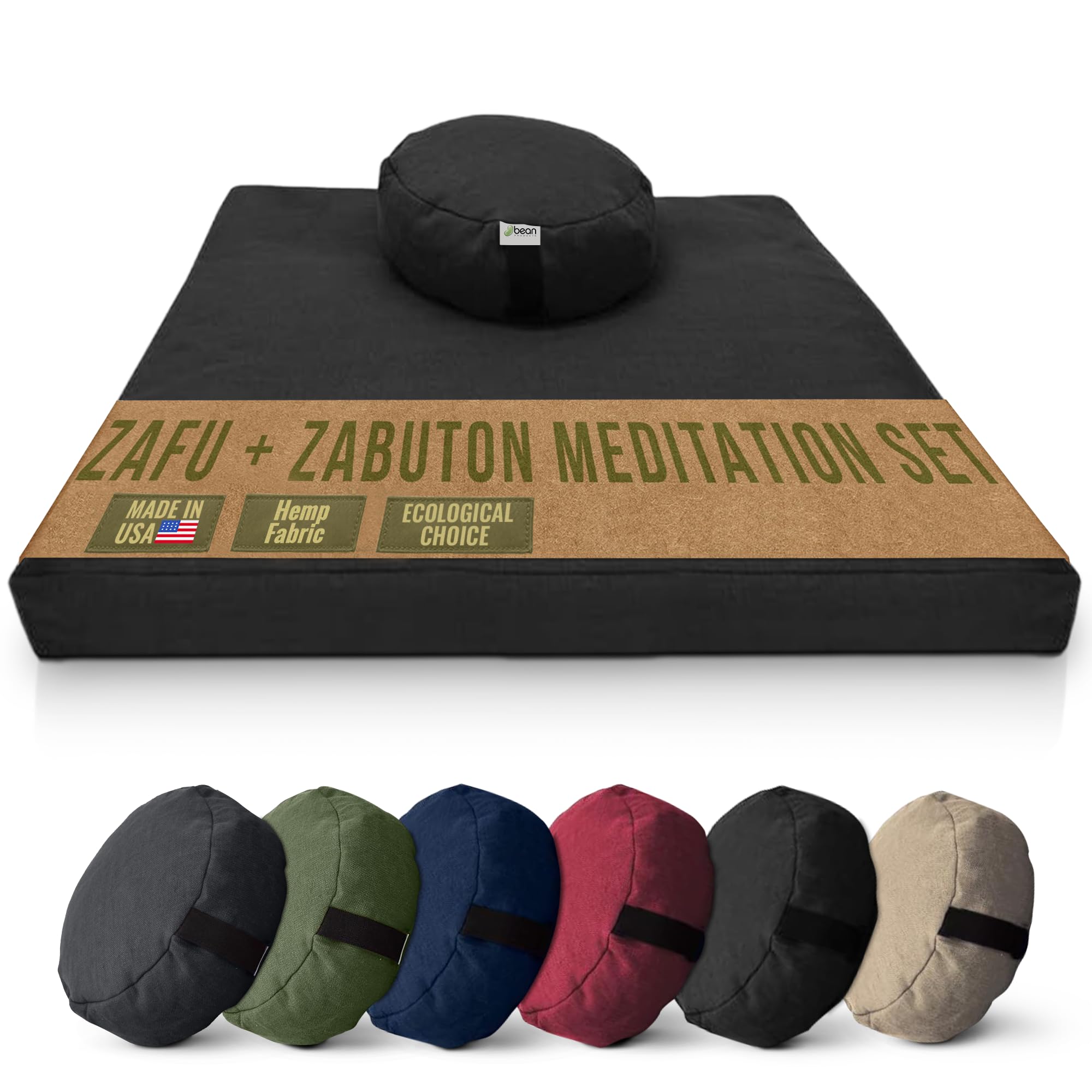 Meditation Cushion Mat Set HEMP - Round Zafu Floor Pillow Organic Buckwheat Pillow + Cotton Filled Zabuton Prayer Pad - Meditation Pillow Yoga Knee Pad - Made in USA - 14" Round, BLACK Hemp