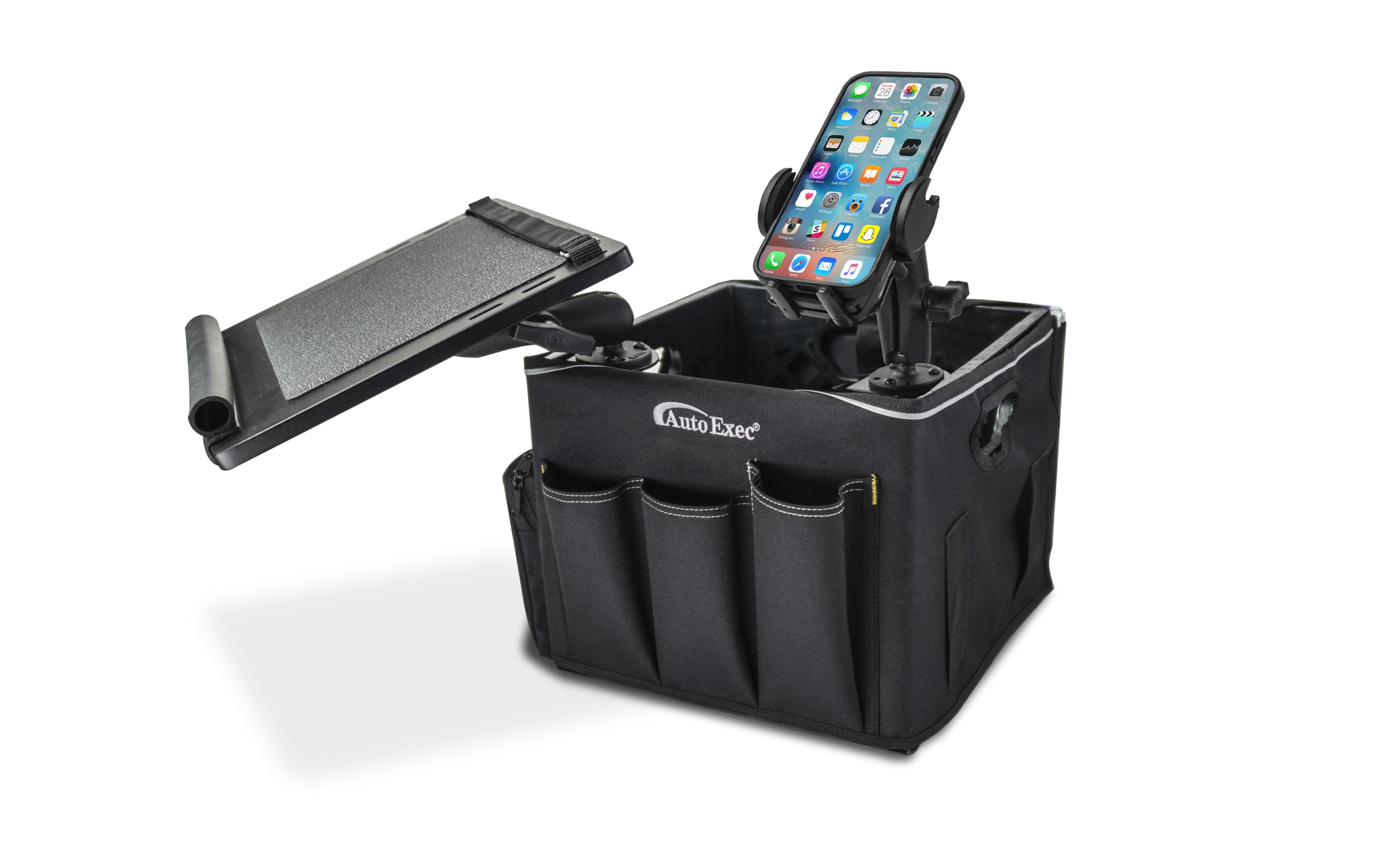 AutoExec Milk Crate Vehicle and Mobile Office Work Station with Apron Organizer, Laptop Tray, 400 watt Power Inverter and Phone Mount