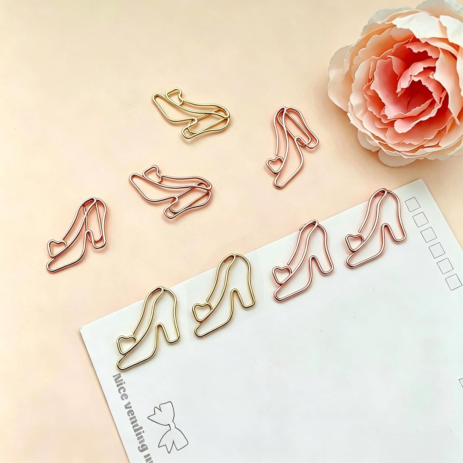 30 PCS High Heel Shaped Paper Clips Bookmarks, Cute Metal Paperclips File Clips for Document Note, Shoe Creative Clip for Reading Desk Accessory for Women Gold & Rose Gold image 3