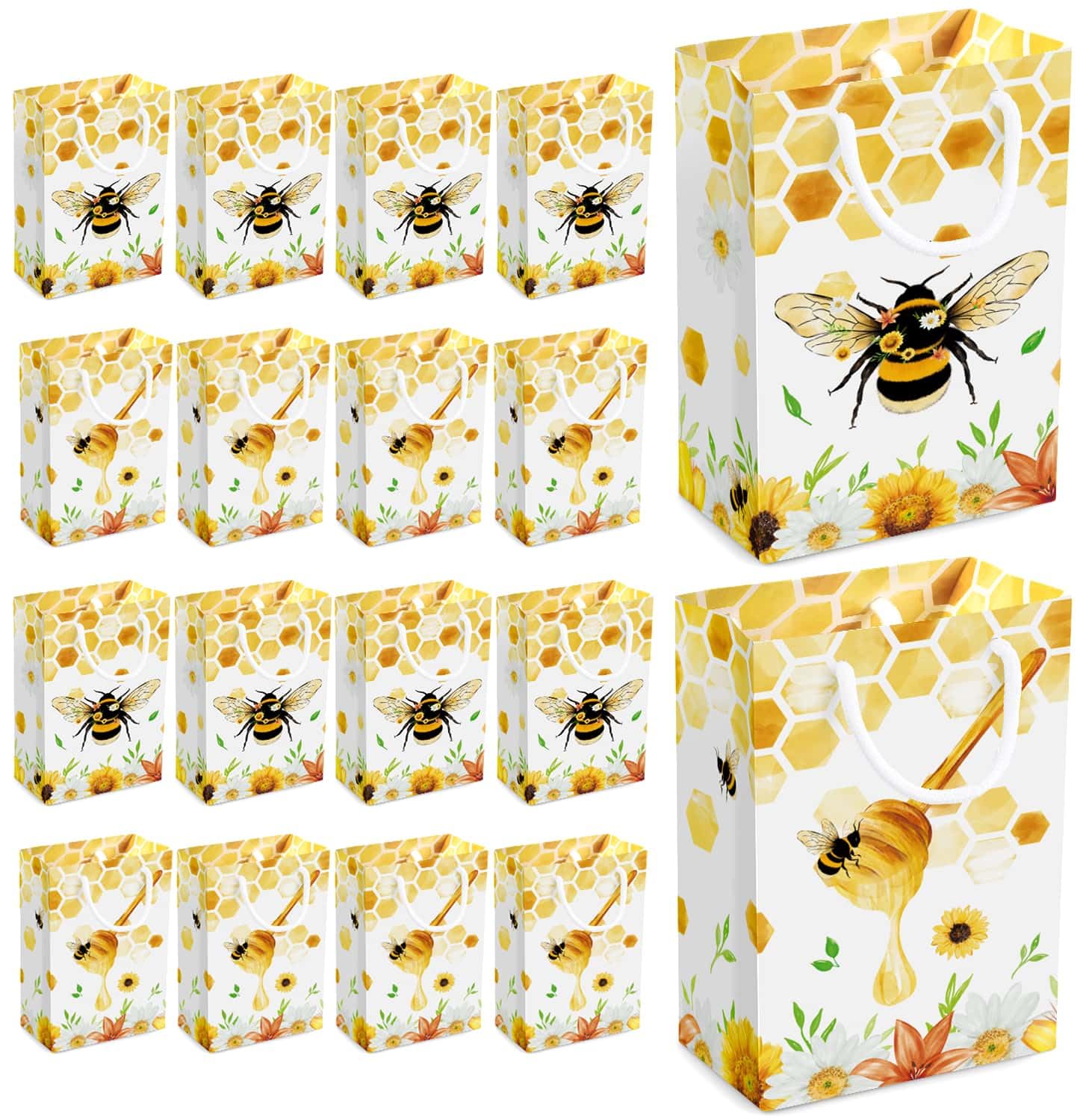 WERNNSAI 16 Pack Bee Gift Bags - Honey Bee Party Supplies Favor Bags for Kids Girls Birthday Bumble Bees Birthday Decorations Beehive Candy Treats Goodies Bags with Handle for Baby Shower Wedding