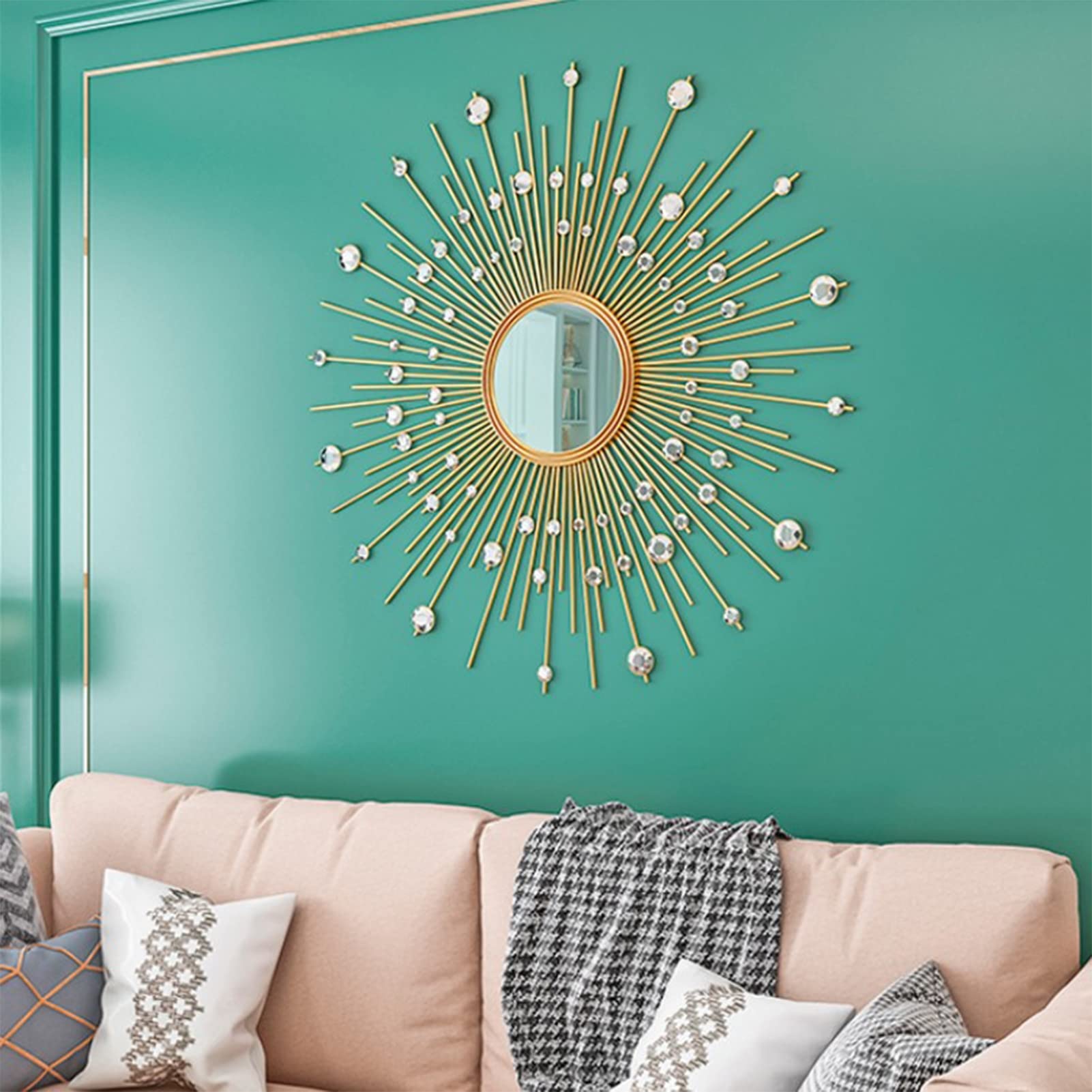 Großer Runder Wandspiegel für Wanddekor Wohnzimmer,Goldener Dekorative Spiegel Sunburst Wandspiegel,dekorativer Hängespiegel mit Metallrahmen,für Badezimmer Schlafzimmer Flur,60cm(24inch)