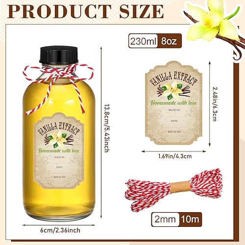 Miniatura 8 de Uiifan 8 botellas redondas de extracto de vainilla de 4 onzas con tapas, botella de vidrio y 8 etiquetas de extracto de vainilla para regalo de