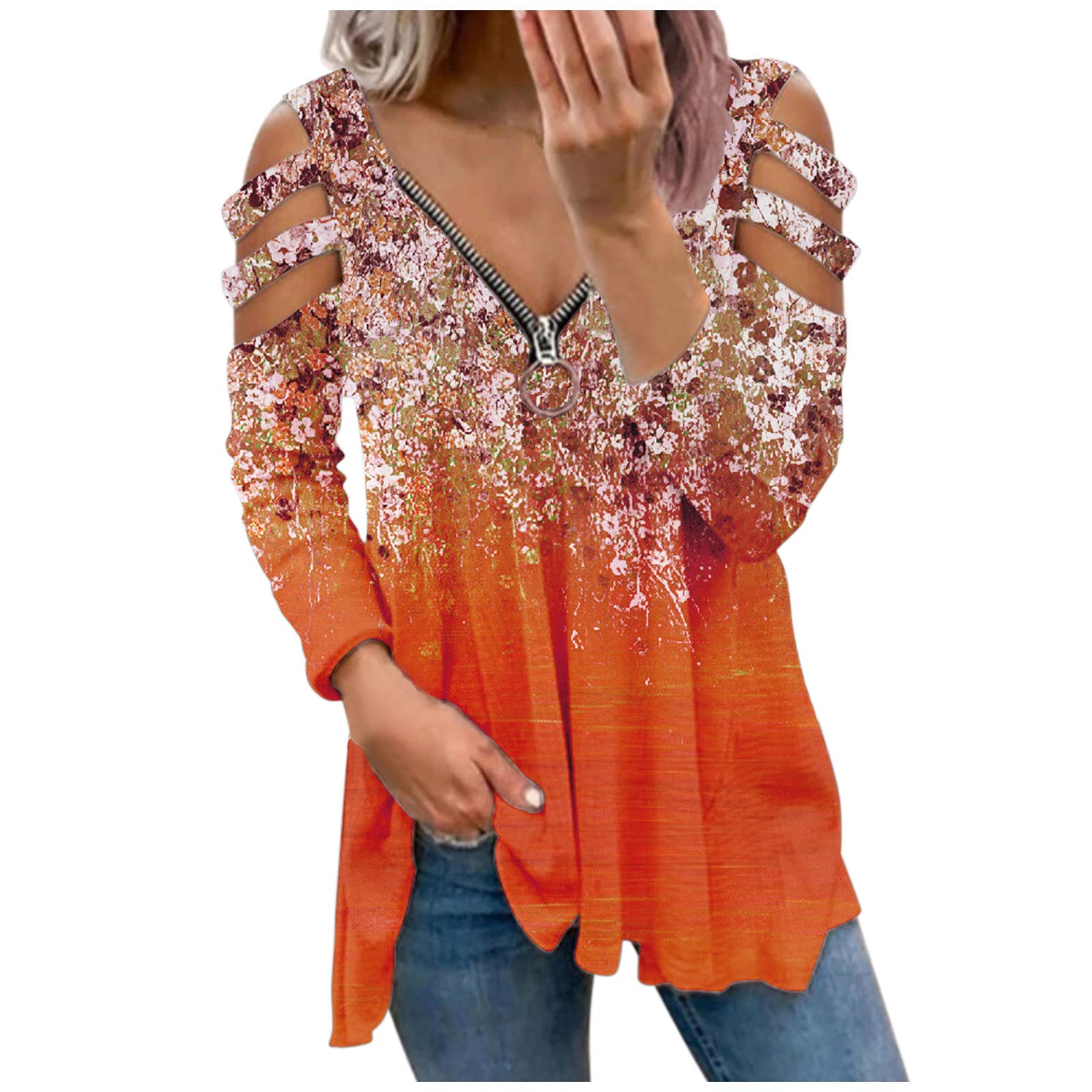Long Sleeve Shirts for Women Cold Shoulder Tops Zipper V-Neck Floral Graphic Tunics Pleated Hem