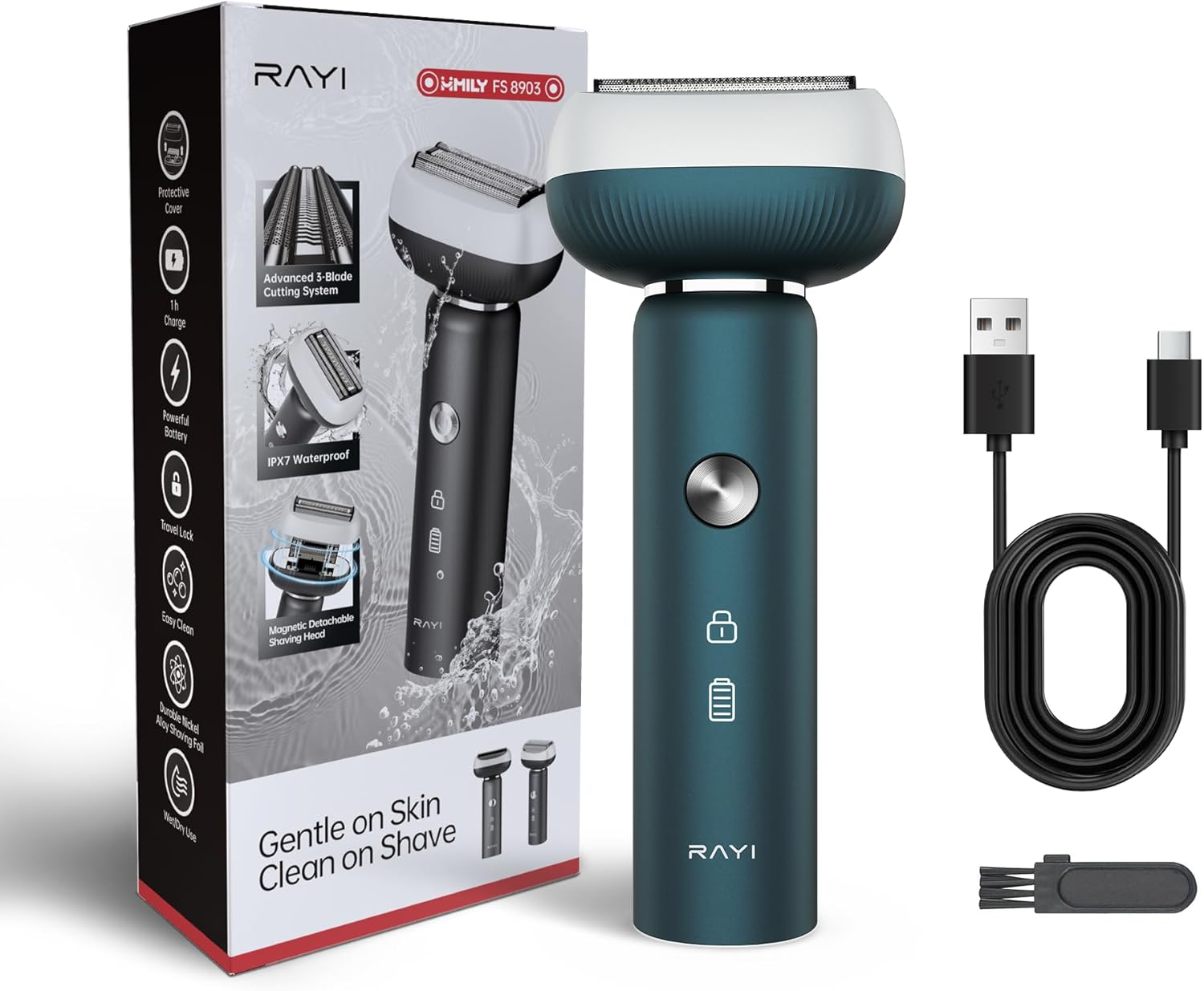 Electric Shaver for Men with Floating Arc 3-Blade, 9000 RPM, Magnetic Head, 1 Hour Fast Type-C Charging can Last for 60 Days, IPX7 Waterproof, Skin-Friendly Blade for Smooth Shaving, Green