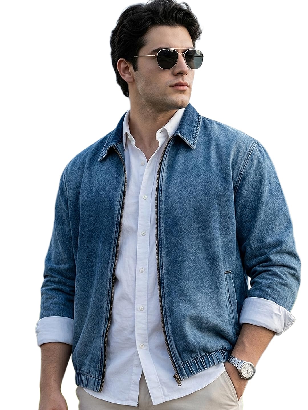 urbano plus Men's Relaxed Fit Full Sleeve Harrington Denim Jacket-picture-46