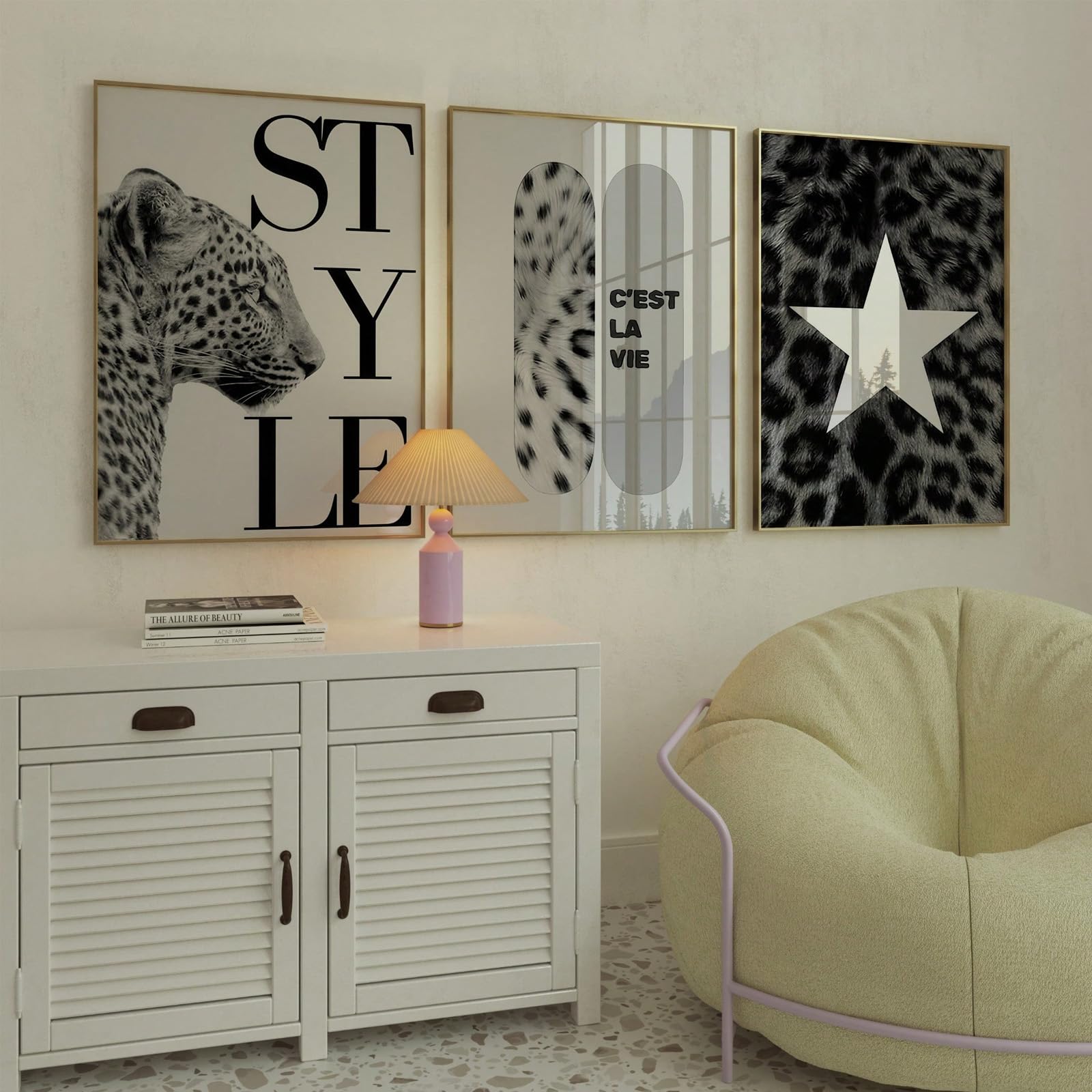 ZBELLO Set of 3 Black White Leopard Wall Art Prints, Leopard Pattern Posters, Trendy Modern Feminine Decor for Teen Girl Bedroom Dorm, Unframed ﻿ (30x40cm)