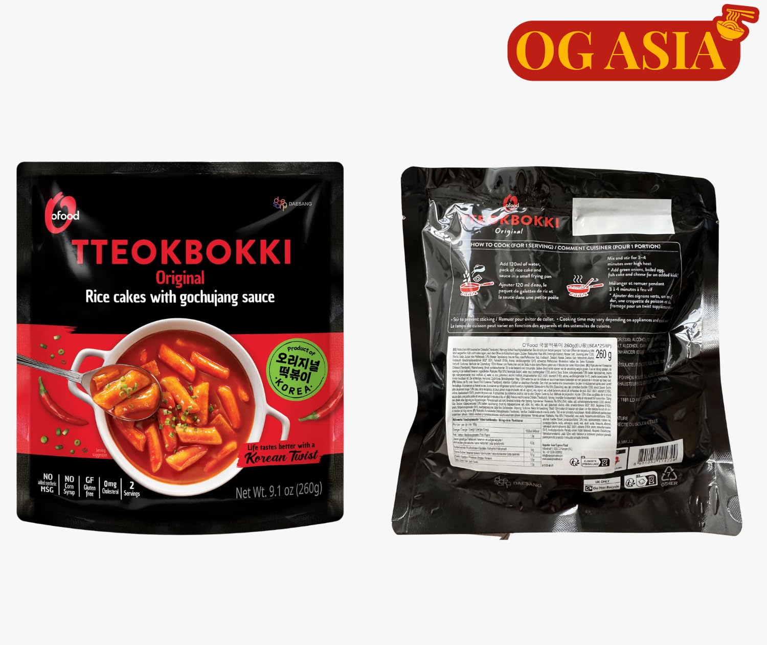 O'Food Topokki Original z sosem Gochujang - koreańskie ciasto ryżowe - ostre i autentyczne - OG ASIA - 260 g