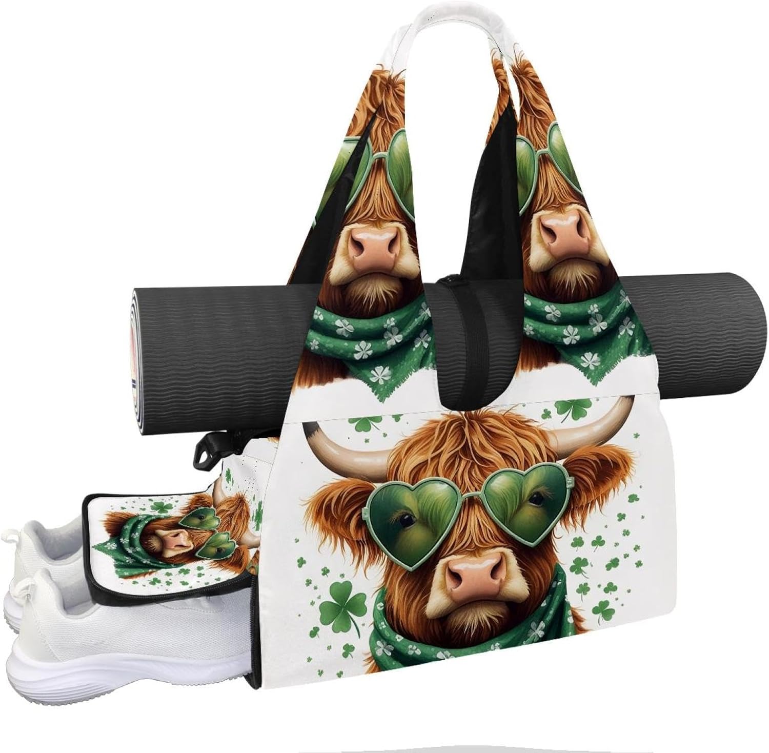 Yoga Mat Bag, Gym Workout Bag with Shoe Compartment, St. Patrick's Day Cow Coin Pilates Bag for Women, Quick Access Storage Yoga Tote Bag for Sports Travel Office