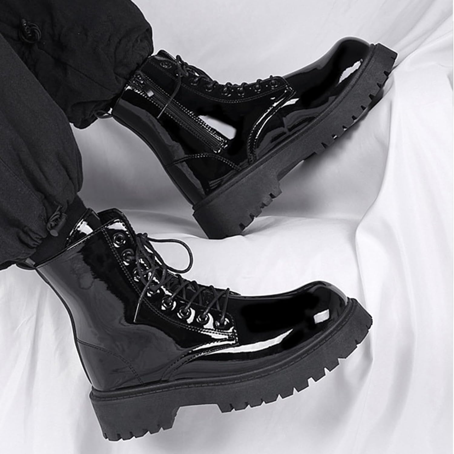 Mens Patent Leather Combat Boots Platform Comfort Side Zipper Round Toe Lace Up Chunky Heel Motorcycle Booties Non Slip High Top Dress Black Boots - Image 6