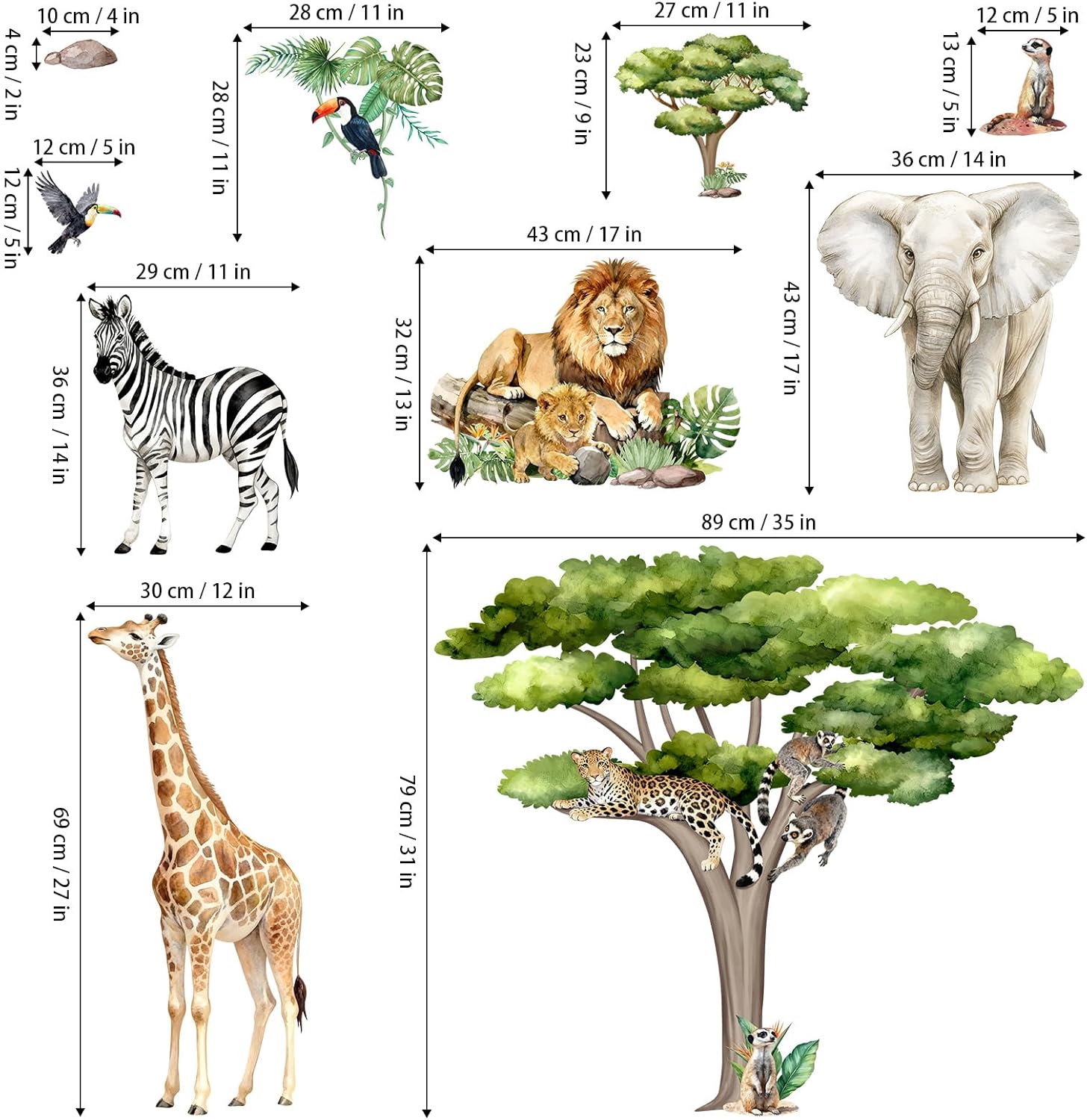Peelora Large Jungle Animals Tree Wall Stickers Safari Giraffe Elephant Lion Zebra Wall Decals Kids Room Baby Nursery Bedroom Home Decor Stickers (XXL)