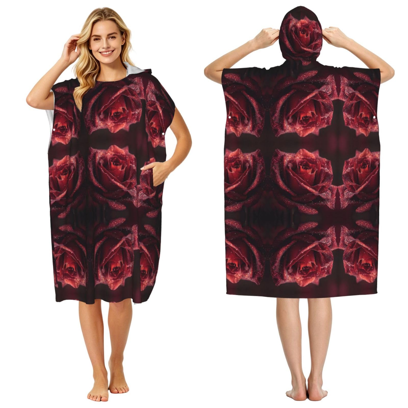 Poncho à capuche en microfibre rose avec imprimé gouttes de rosée pour adulte surf