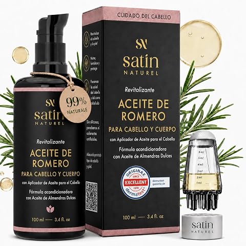Satin Naturel Aceite de Romero Bio para el Cabello 100 ml – Aceite Capilar de Romero para Cuero Cabelludo y Cabello – con Aceite de Girasol y Almendra – con Aplicador para Masaje del Cuero Cabelludo