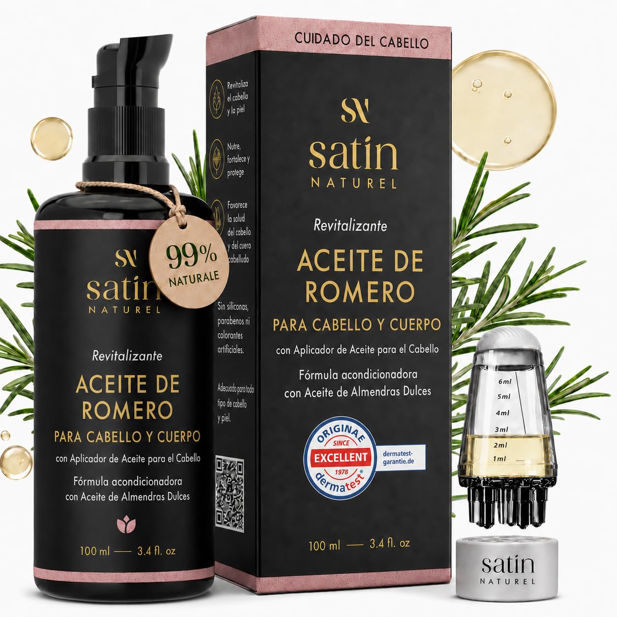 Satin Naturel Rosemary Oil Bio for Hair 100ml - Rosemary Hair Oil for Scalp and Hair - with Sunflower and Almond Oil - with Scalp Massage Applicator