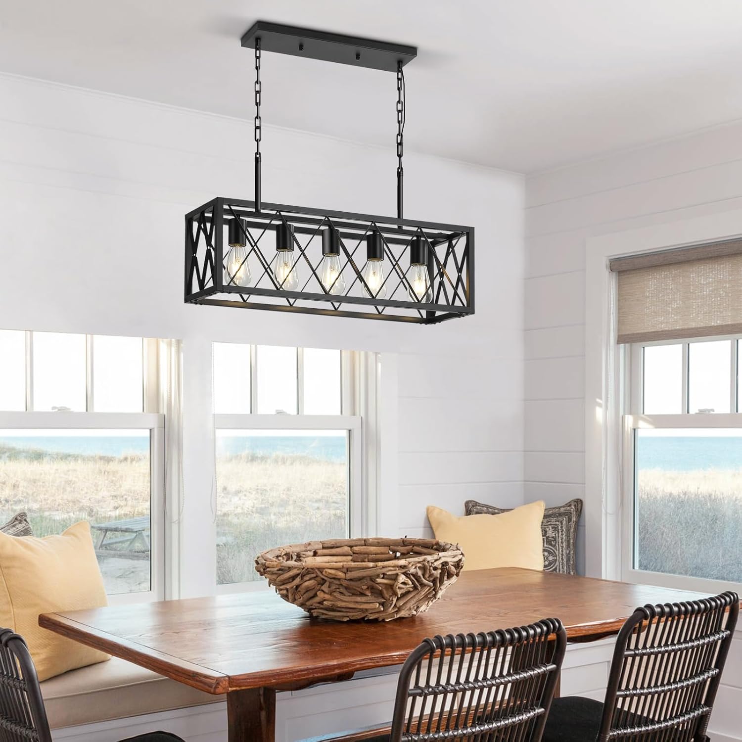 5 Lights Island Light for Kitchen,Farmhouse Industrial Rectangle Pendant Light, Black Vintage Chandelier for Living Room,Pool Table Hallway E26