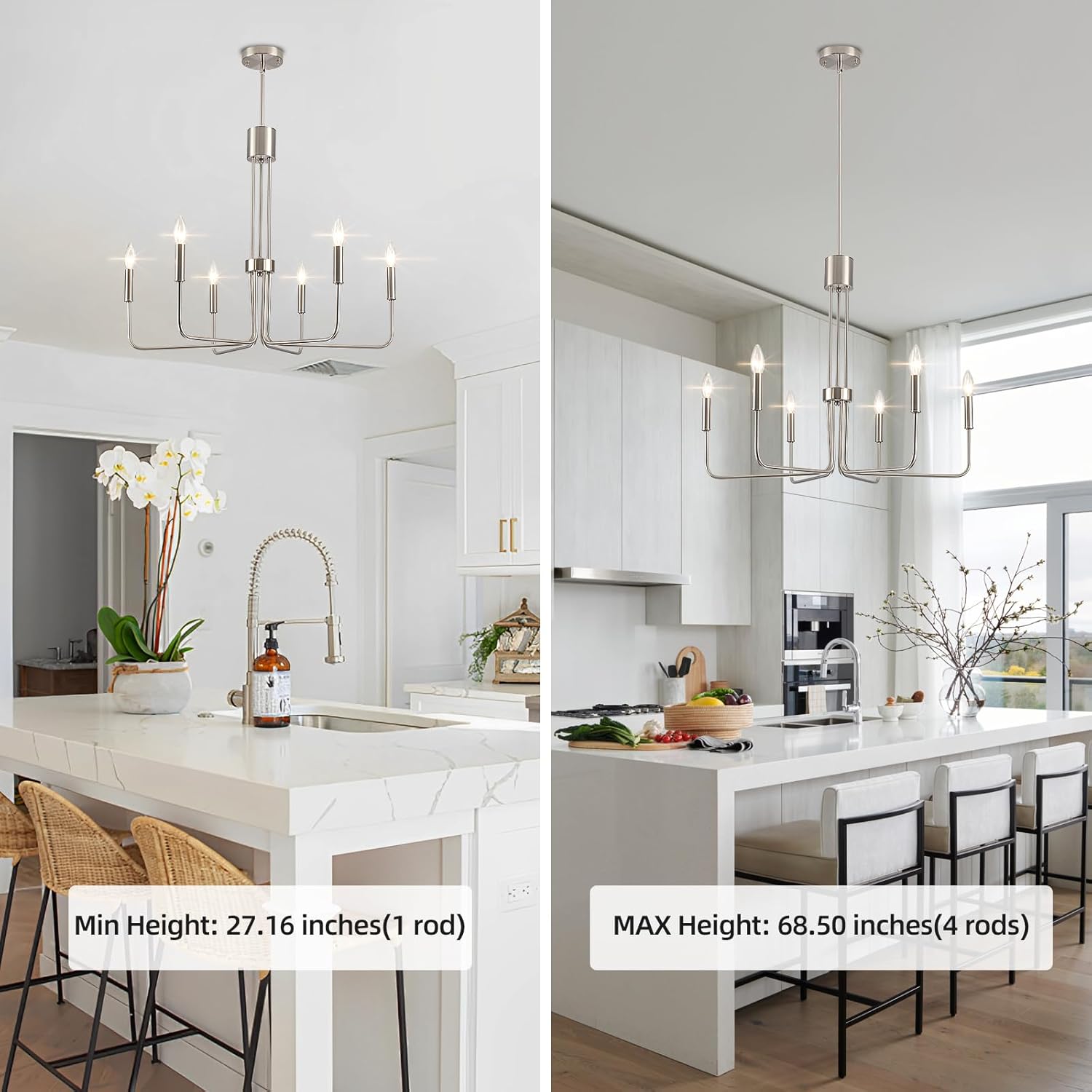 6 Lights Brushed Nickel Chandeliers for Dining Room - Modern Farmhouse Chandelier for Entryway Foyer Rustic Industrial - Dining Light Fixture High Ceiling for Bedroom Kitchen Vintage Silver