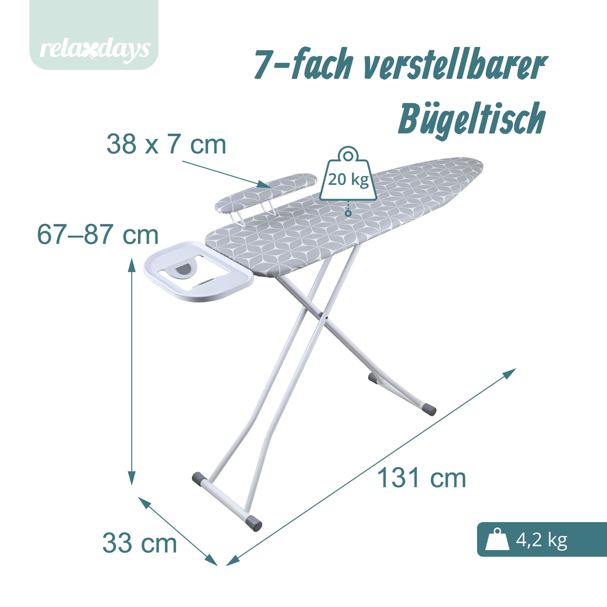 Relaxdays Bügelbrett für Dampfbügeleisen, 131 x 33 cm, höhenverstellbar, klappbar, Ärmelbrett, Bügeltisch, weiß/grau