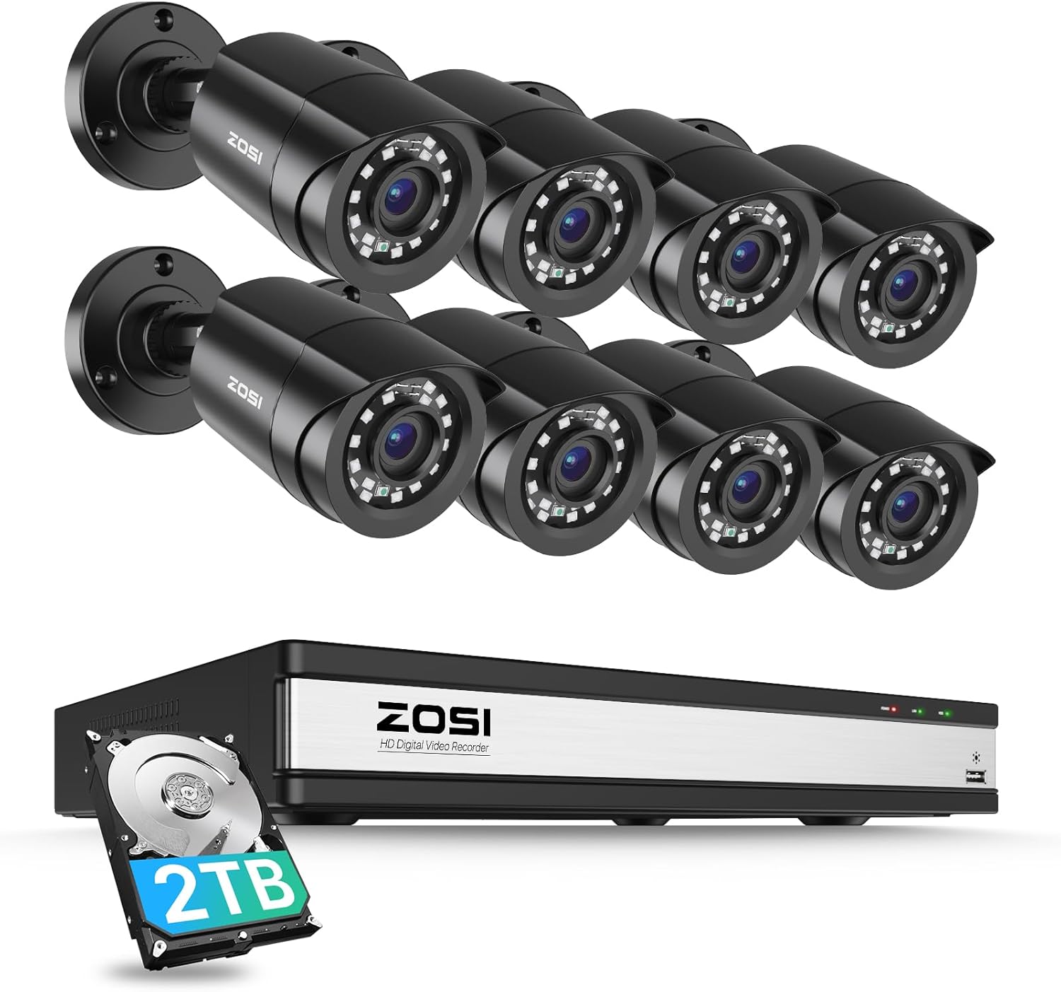 ZOSI 3K Lite Security Camera System Indoor Outdoor,AI Human/Vehicle Detection,Night Vision,Remote Access,4pcs 1080P 1920TVL Weatherproof Surveillance Cameras,H.265+ 8CH CCTV DVR(NO HDD)