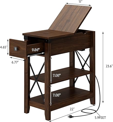 Miniatura 36 de Mesa auxiliar estrecha con estación de carga, mesa auxiliar delgada de granja, con puertos USB, mesa de noche con cajón de almacenamiento abatible,