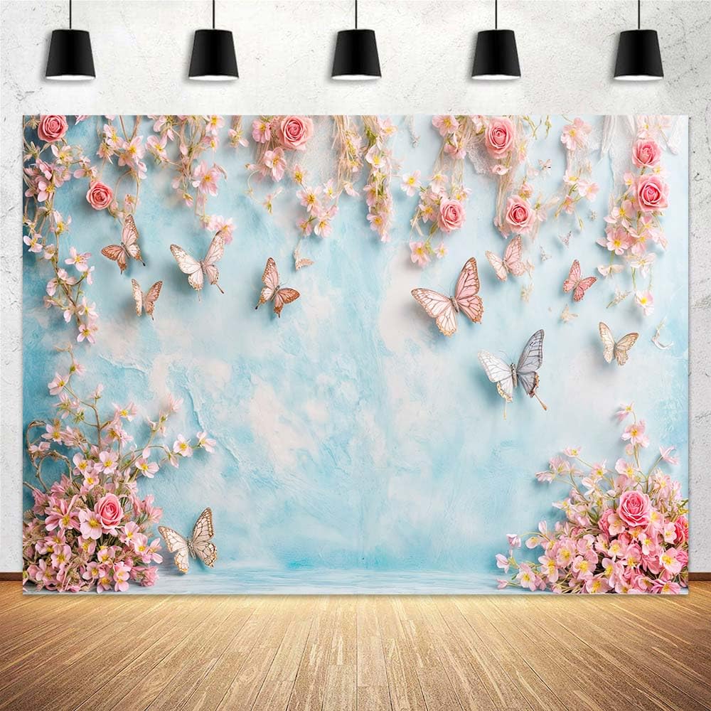 7x5ft Butterfly Floral Backdrop Birthday Colorful Flowers Photo Background for Girls Wedding Birthday Party Girls Princess Butterfly Theme Baby Shower