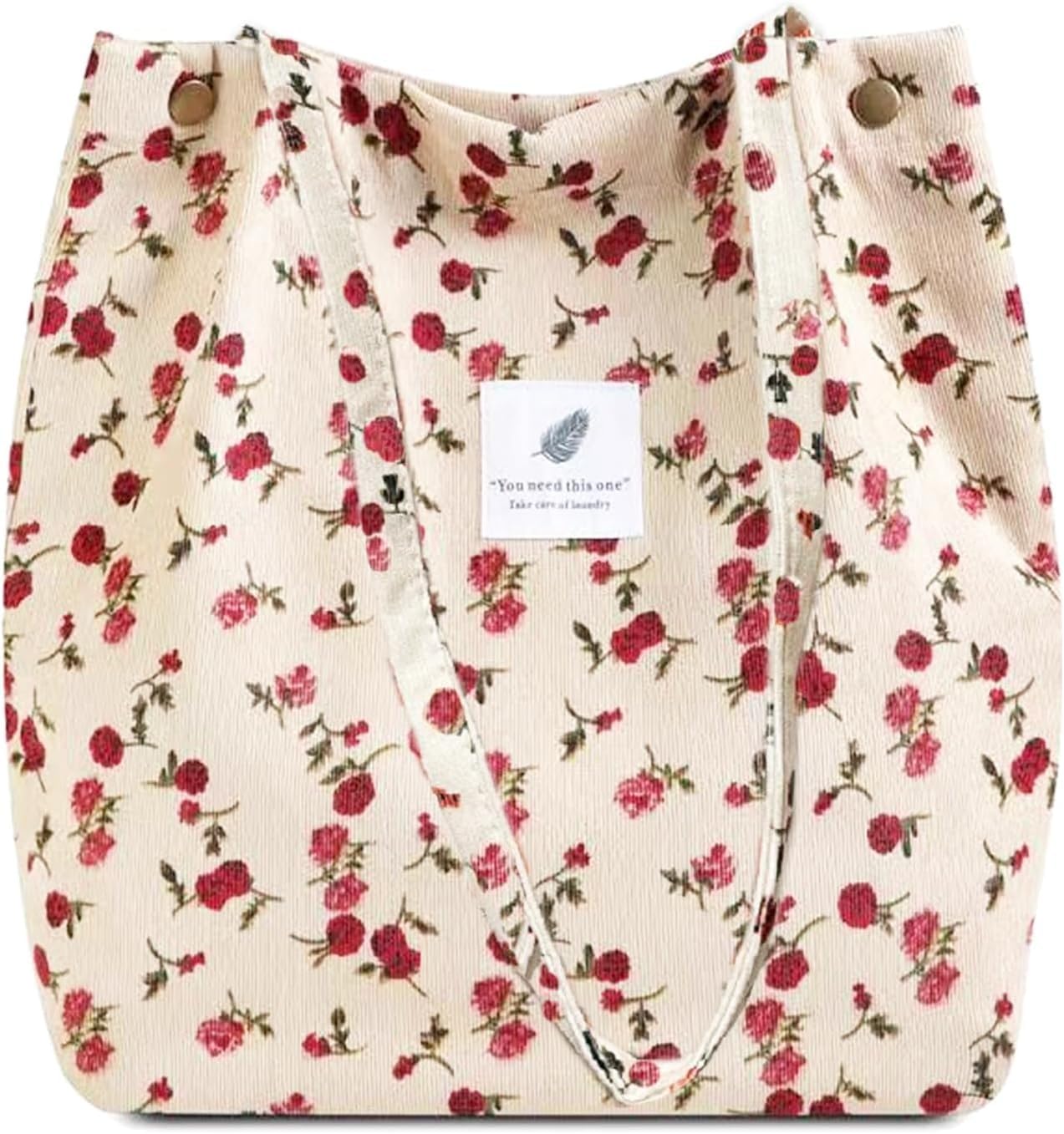 ALANTOP Canvas Tote Bag for Women, Large Quilted Corduroy Shoulder Bag with Inner Pockets, Durable & Reusable Work, Travel, Grocery Tote (Beige Rose)