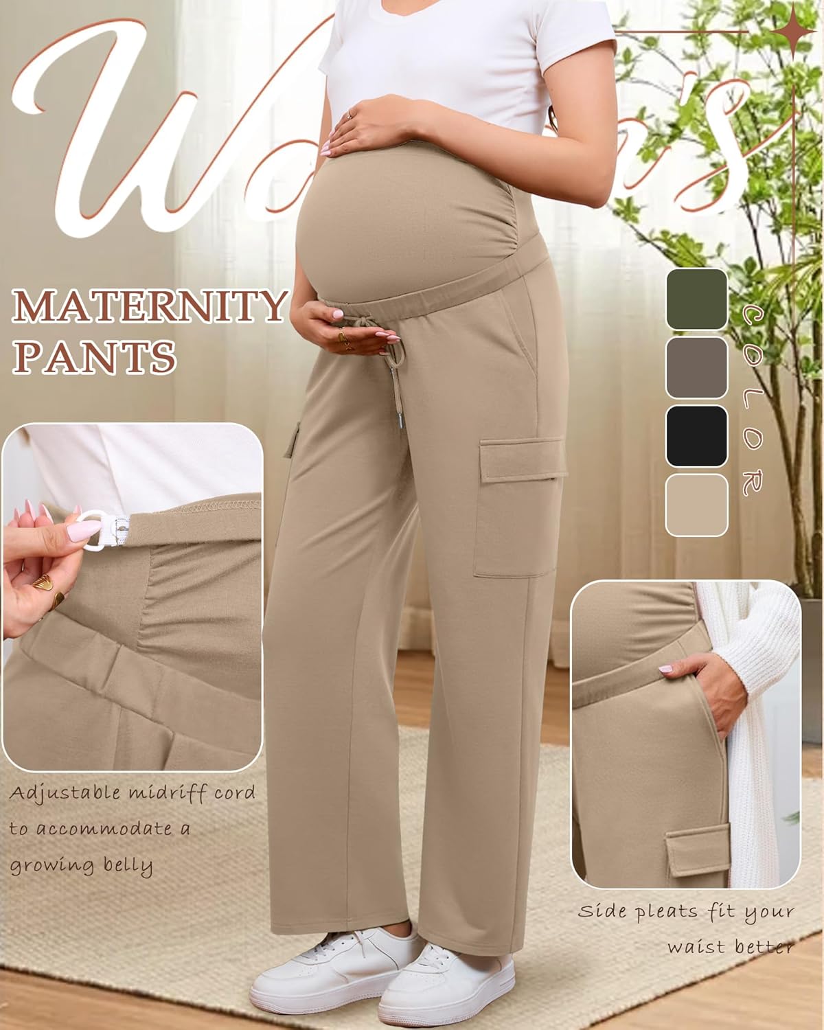 3 Pack Women's Maternity Cargo Pants with 4 Pockets, Over The Belly Side Ruched Drawstring Pregnancy Sweatpants