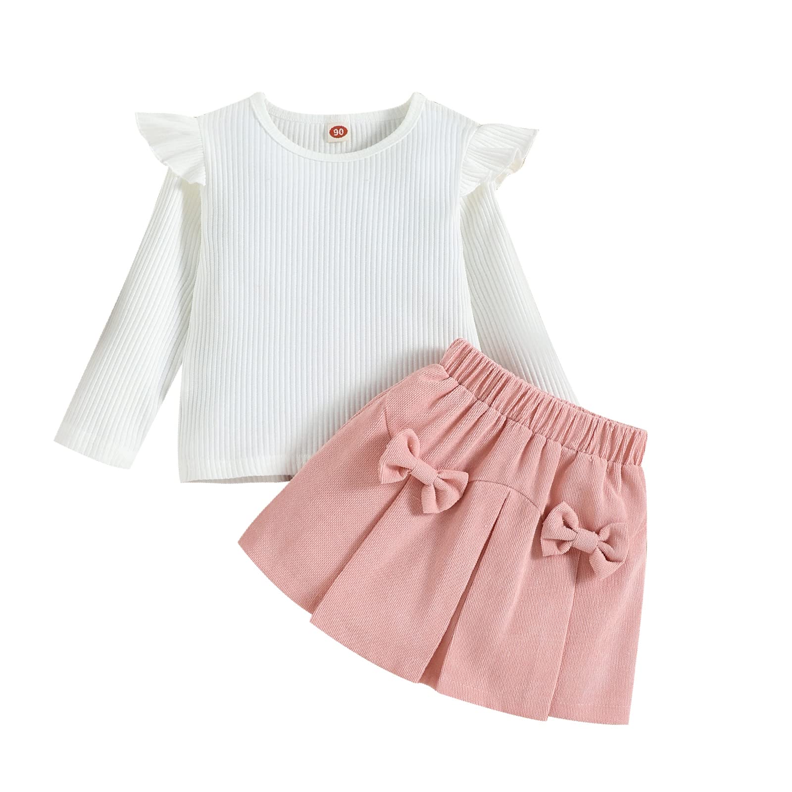 Fabumily 2-teiliges Kinderanzug-Set, einfarbig, Rundhalsausschnitt, Langarm, Rüschen, gerippter Pullover, Oberteile + Schleifenrock, 1–5 Jahre