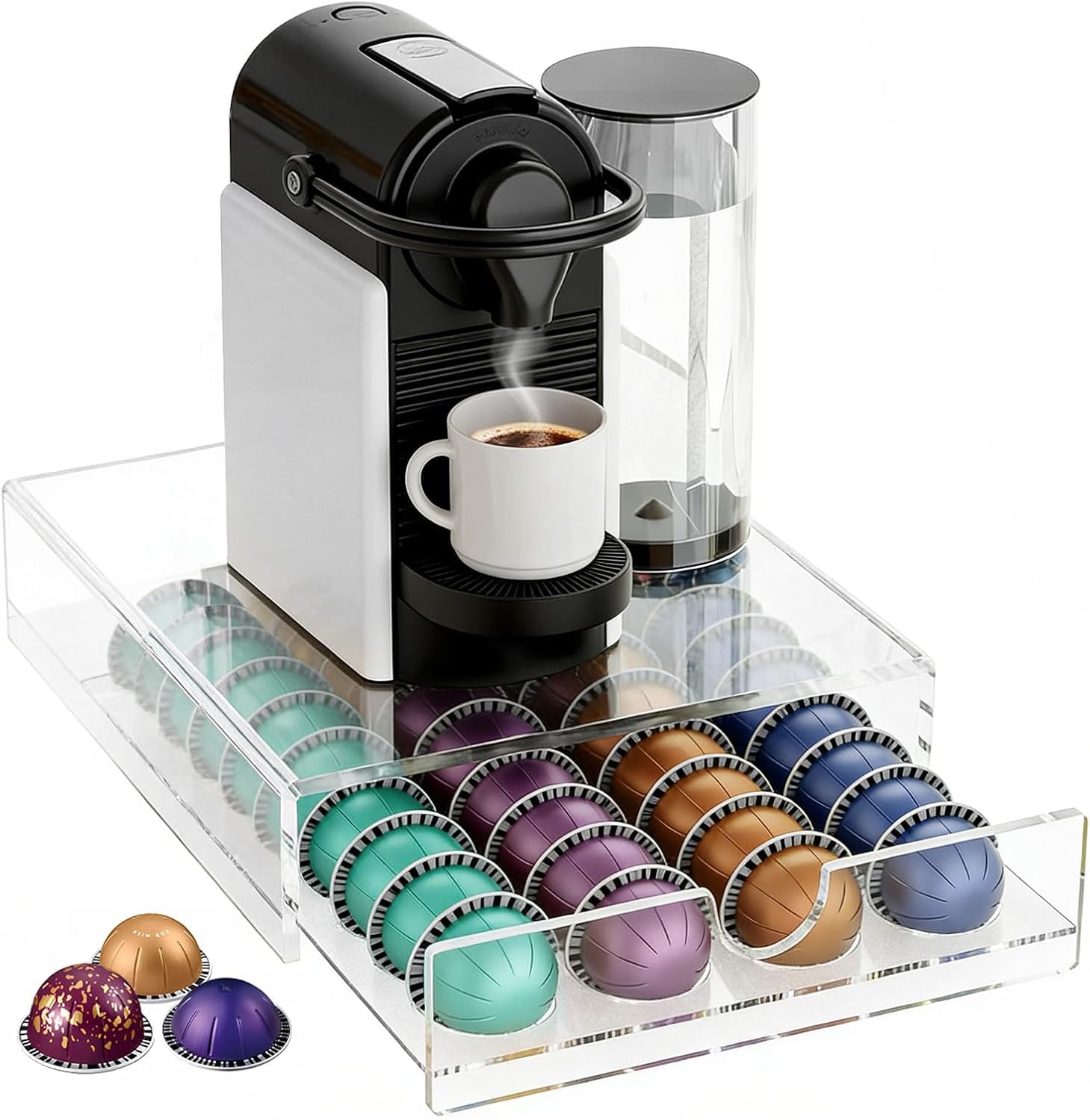 Cajón de Almacenamiento Transparente para Cápsulas de Café Nespresso Vertuo, Soporte para Cápsulas con Cajón Deslizante, Acrílico para Máquina de Café