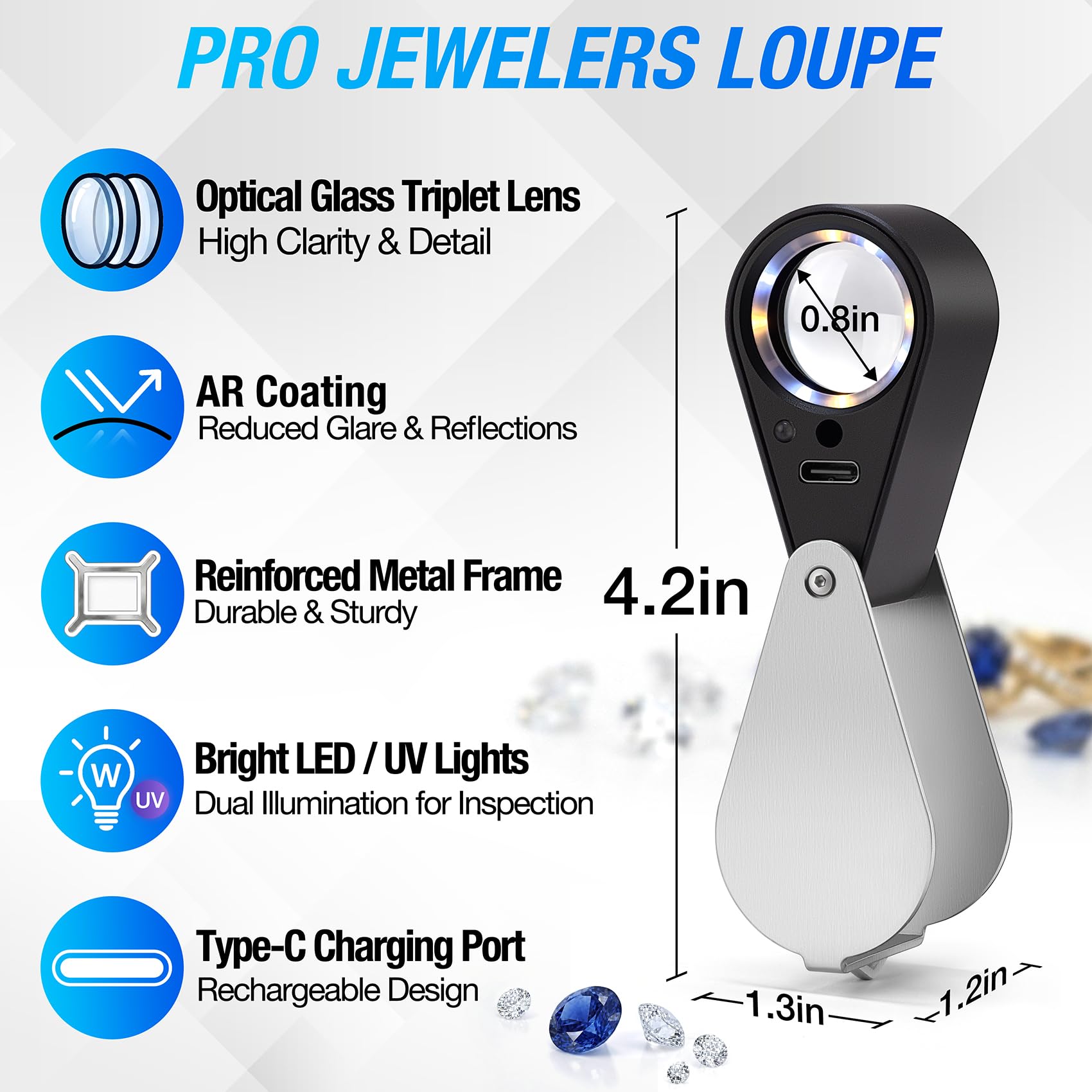 COYLAPY Lot de 20 loupes de bijoutier rechargeables avec lumière LED et UV, 4 modes réglables, lentille en verre triplet de 21 mm pour bijoux, diamant, pièce de monnaie, inspection antique