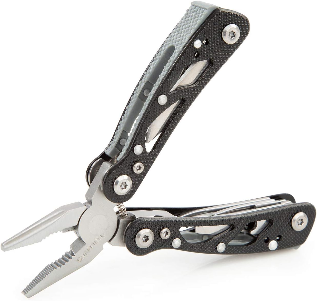 Sheffield 12350BK Premium 12-in-1 Multi Tool, Multitool Knife Perfect for Emergencies, Camping Gear, More, Great All in One Folding Tool, Perfect Camping Gifts, Black