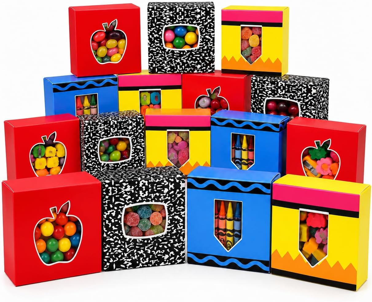 Noxglory 32 Pcs Back to School Snack Boxes with Window 4 Style Pencil Crayon Noyebook Apple Cookie Boxes First Day of School Paper Candy Favor Boxes for Preschool Classroom Party Decor Supplies